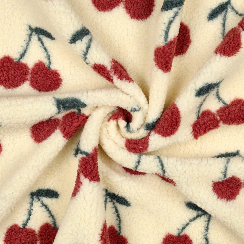 Sherpa Teddy Jacquard Stoff - Kirschen- ecru
