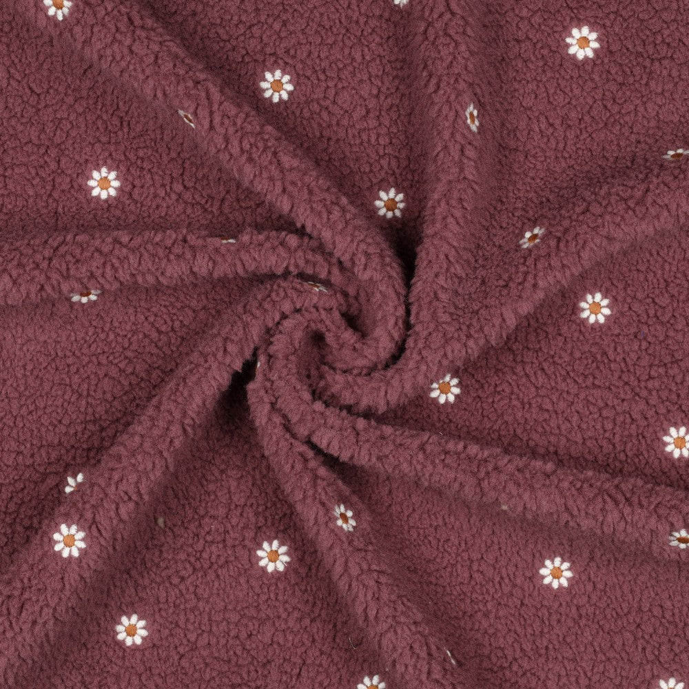 Sherpa Teddy Jacquard Stoff - gestickte Blümchen - mauve