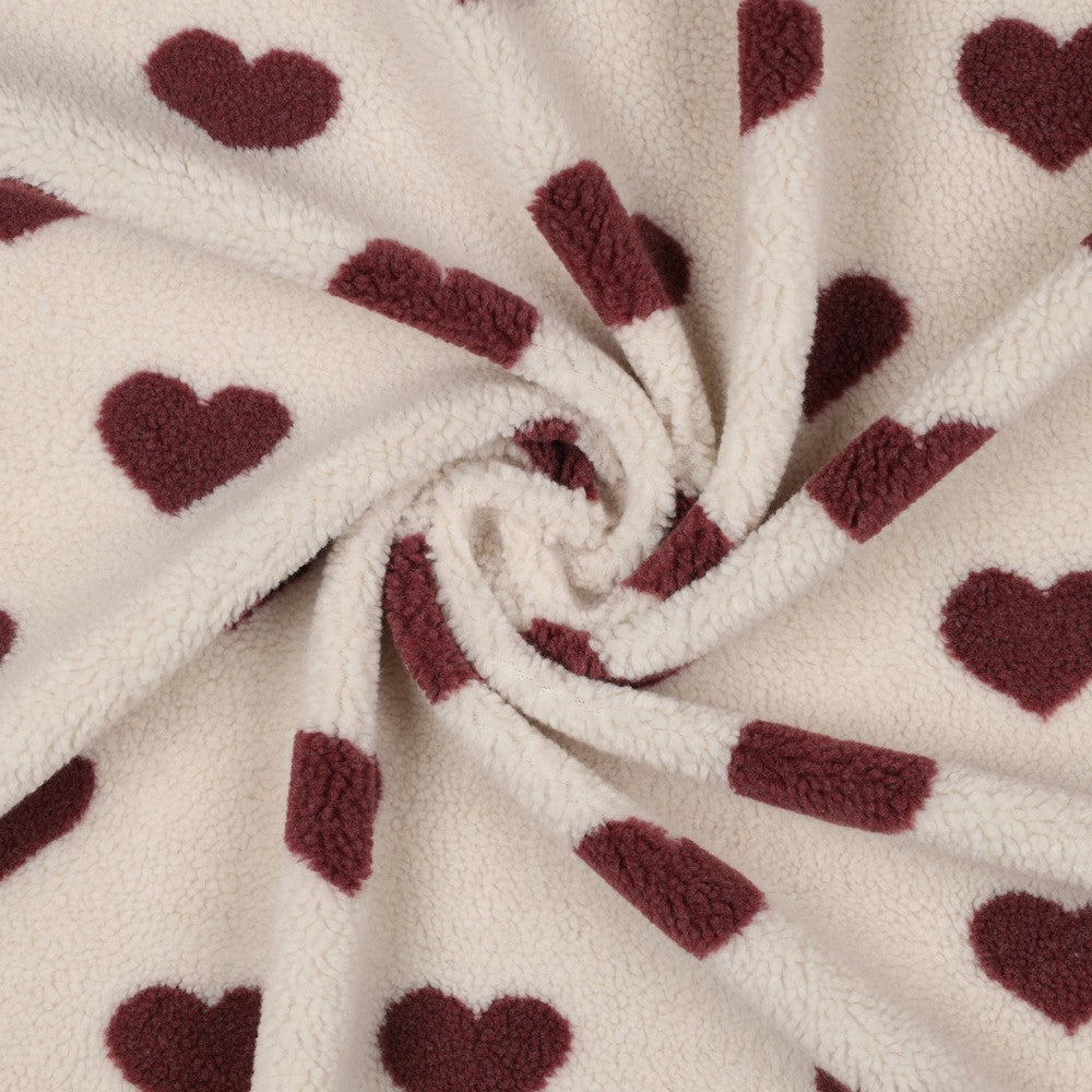 Sherpa Teddy Jacquard Stoff - Herzen - wollweiß