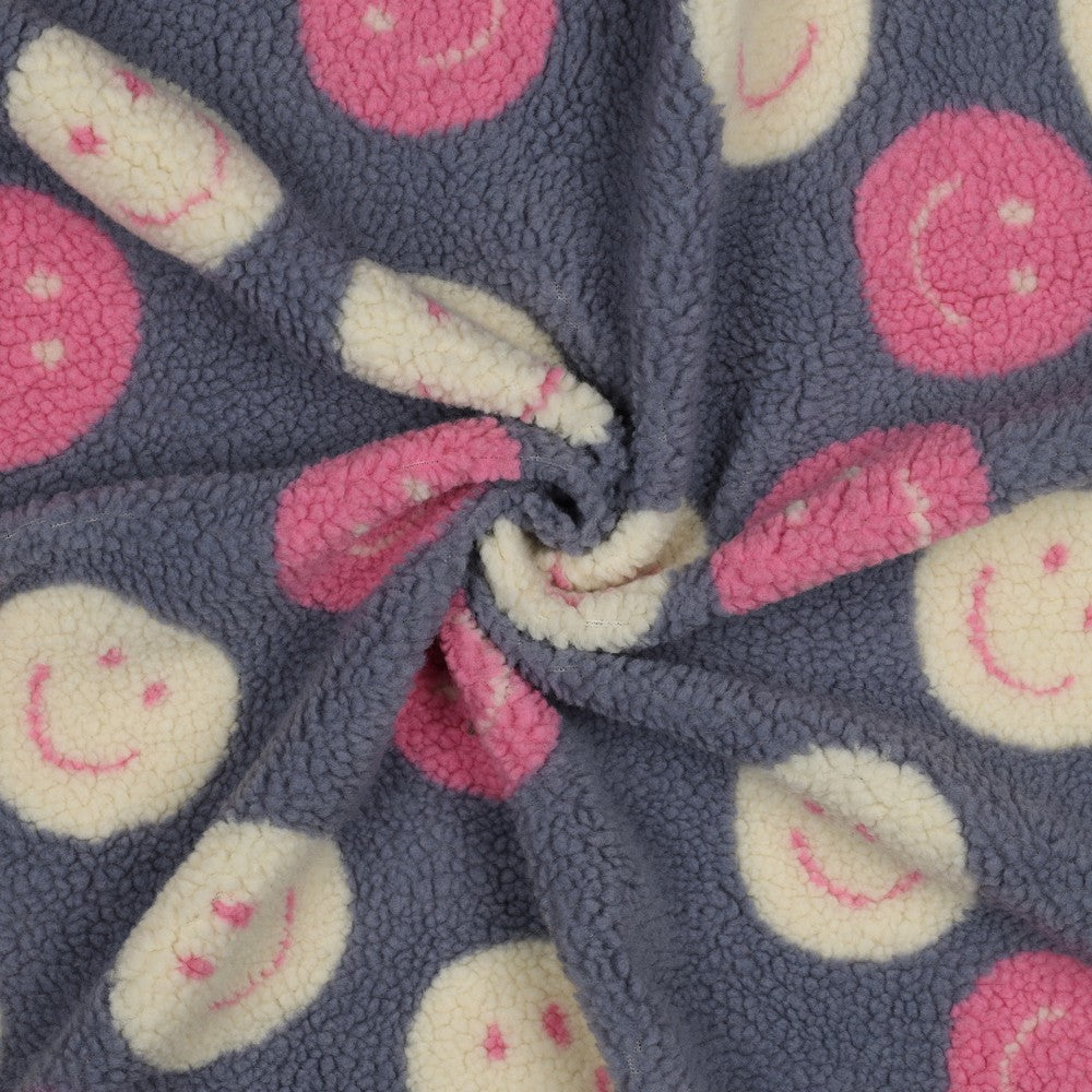 Sherpa Teddy Jacquard Stoff - Happy Faces