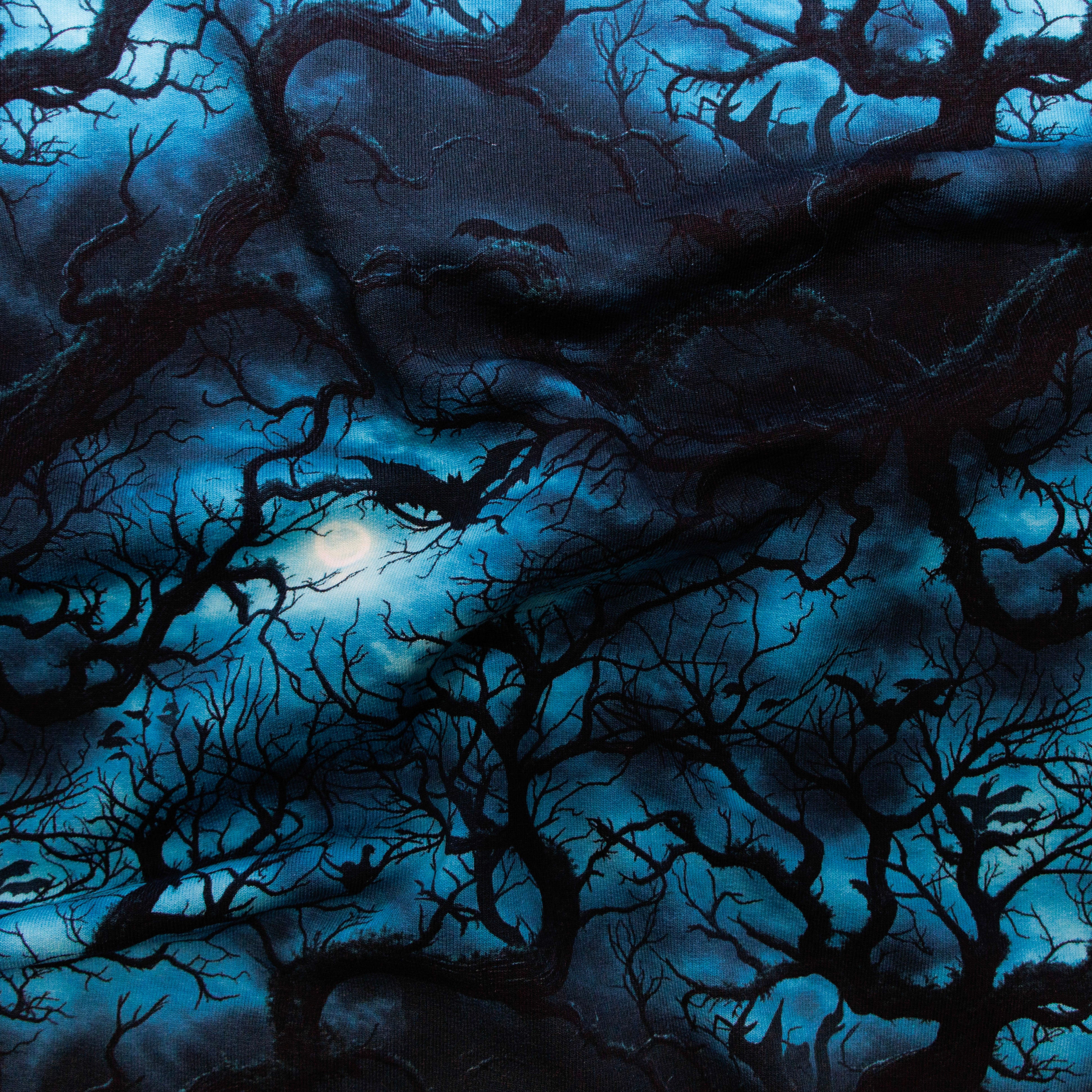 🦇 French Terry Stoff - Nachtwald mit Vollmond & Fledermäusen – Halloween-Design