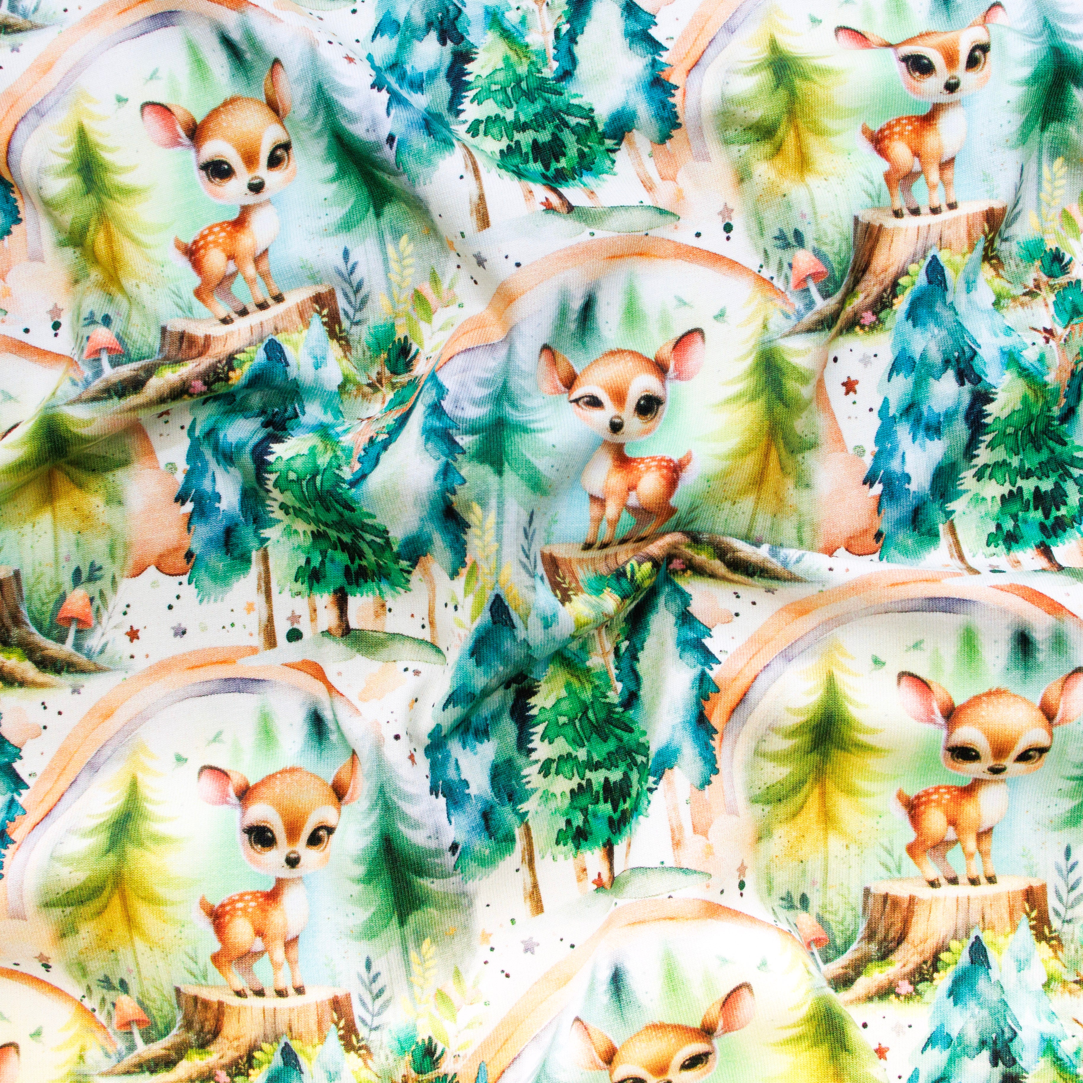 Baumwolle Jersey Digitaldruck Stoff - Niedliche Rehe im Wald auf Weiß