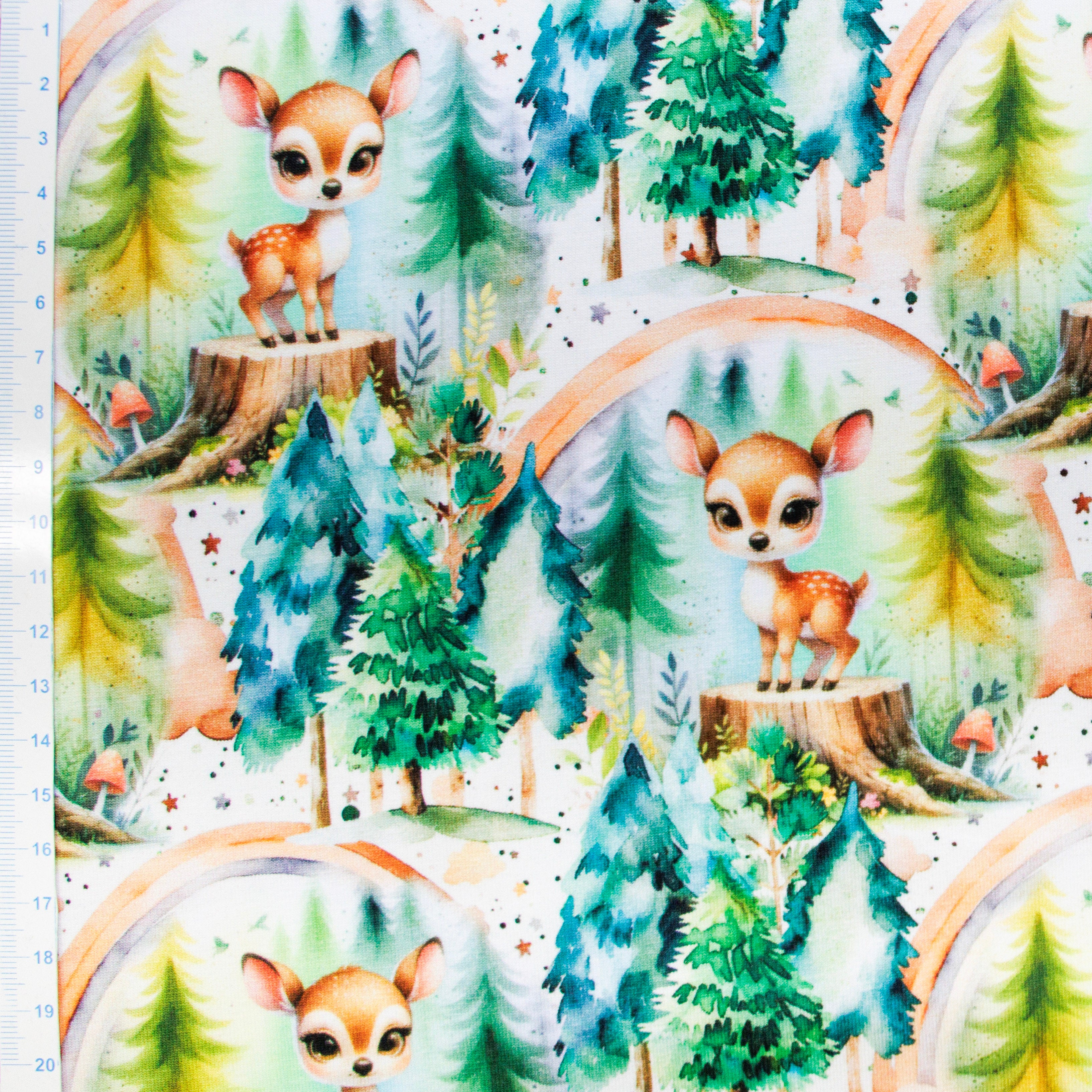 Baumwolle Jersey Digitaldruck Stoff - Niedliche Rehe im Wald auf Weiß