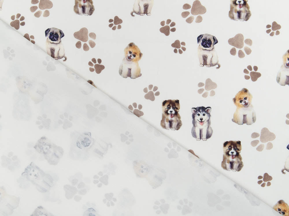 Webware Baumwolle Popeline Digitaldruck - süße Hunde und Pfoten-Abdrücke - wollweiß