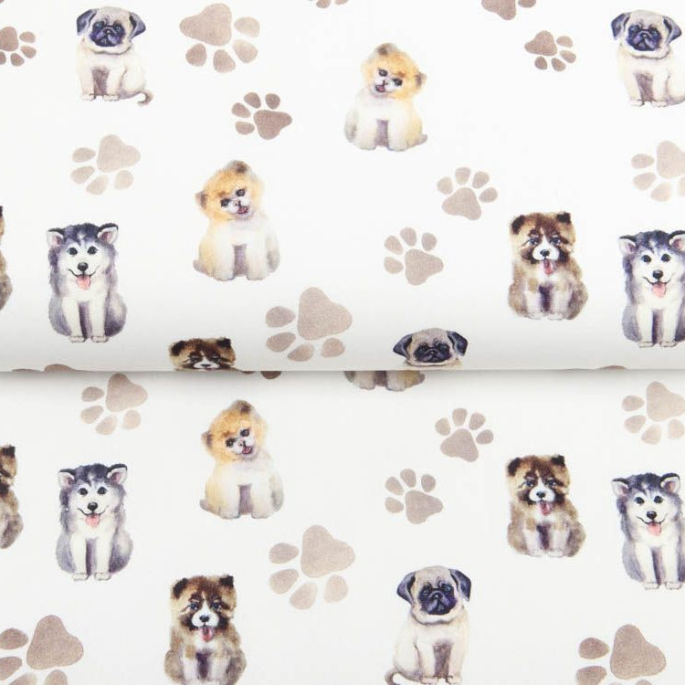 Webware Baumwolle Popeline Digitaldruck - süße Hunde und Pfoten-Abdrücke - wollweiß