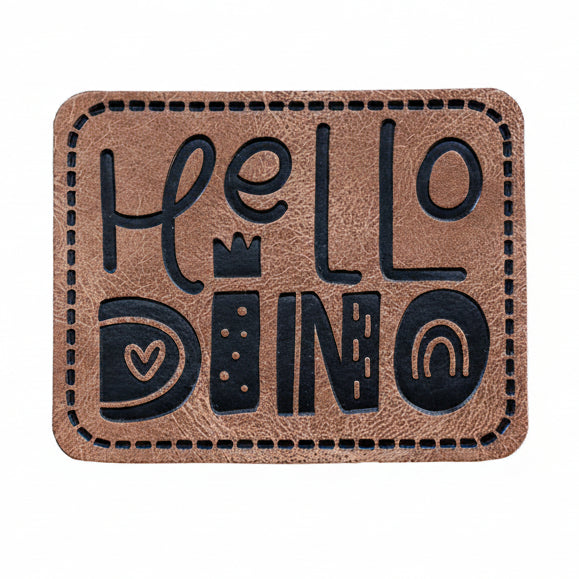 Jessy Sewing Kunstleder-Label mit aufgedruckter Nähnaht - "Hello Dino" - braun