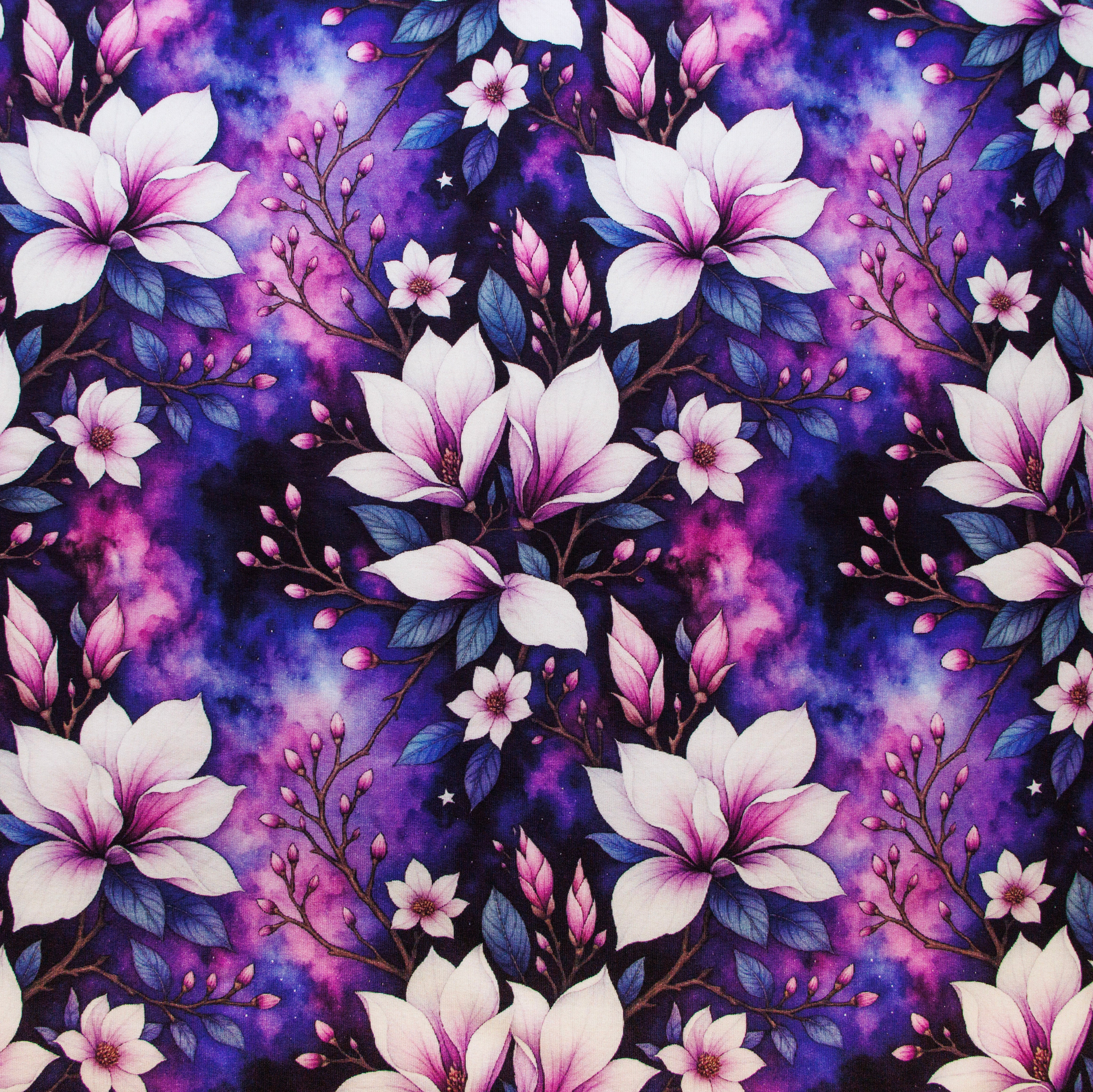 French Terry Stoff - Blumen auf Blau & Lila