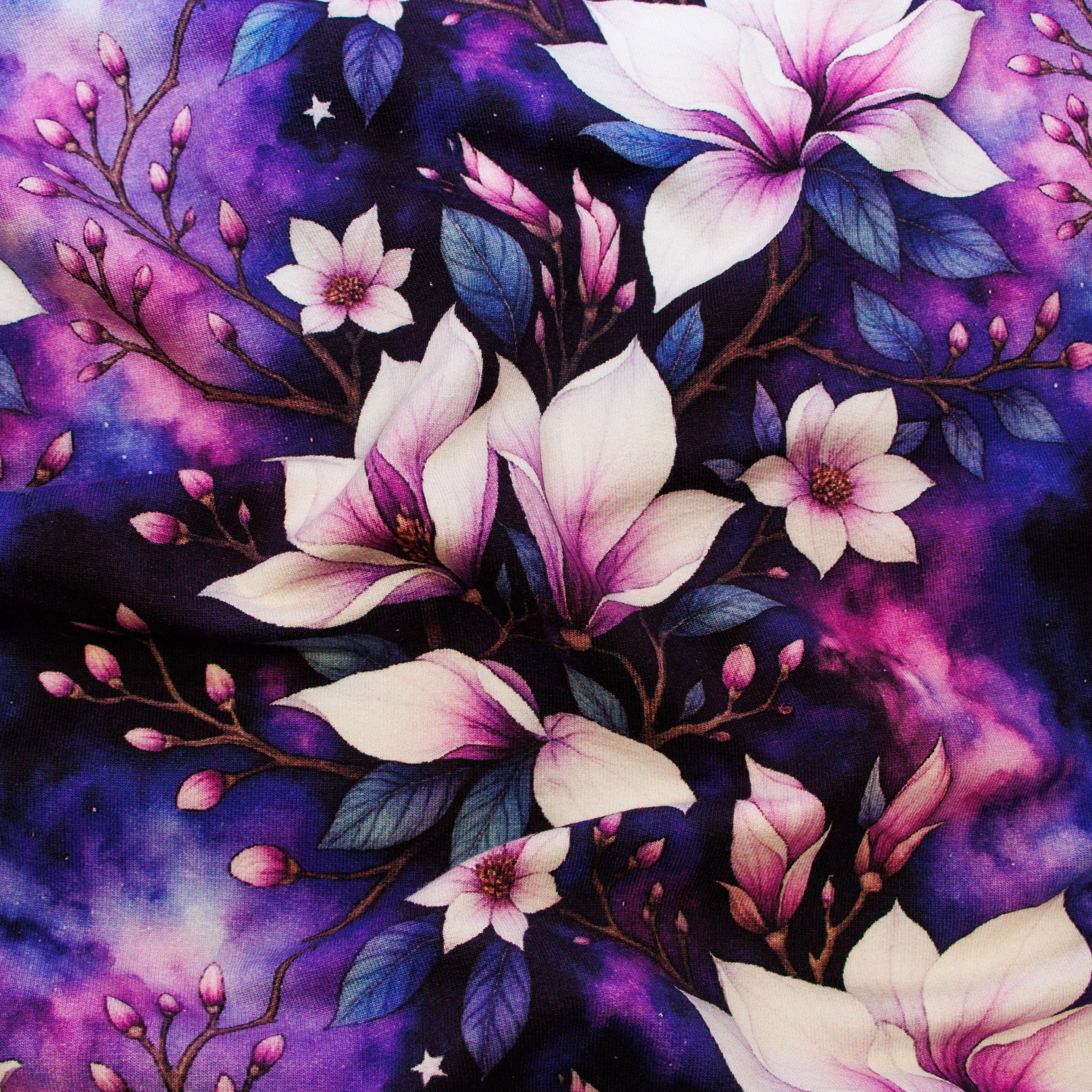 French Terry Stoff - Blumen auf Blau & Lila