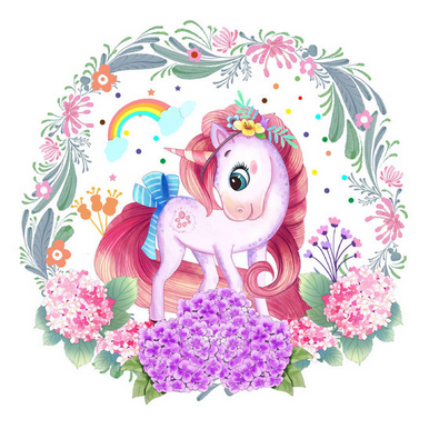 Transfer-Applikation zum Aufbügeln - verträumtes Einhorn im Blumenfeld