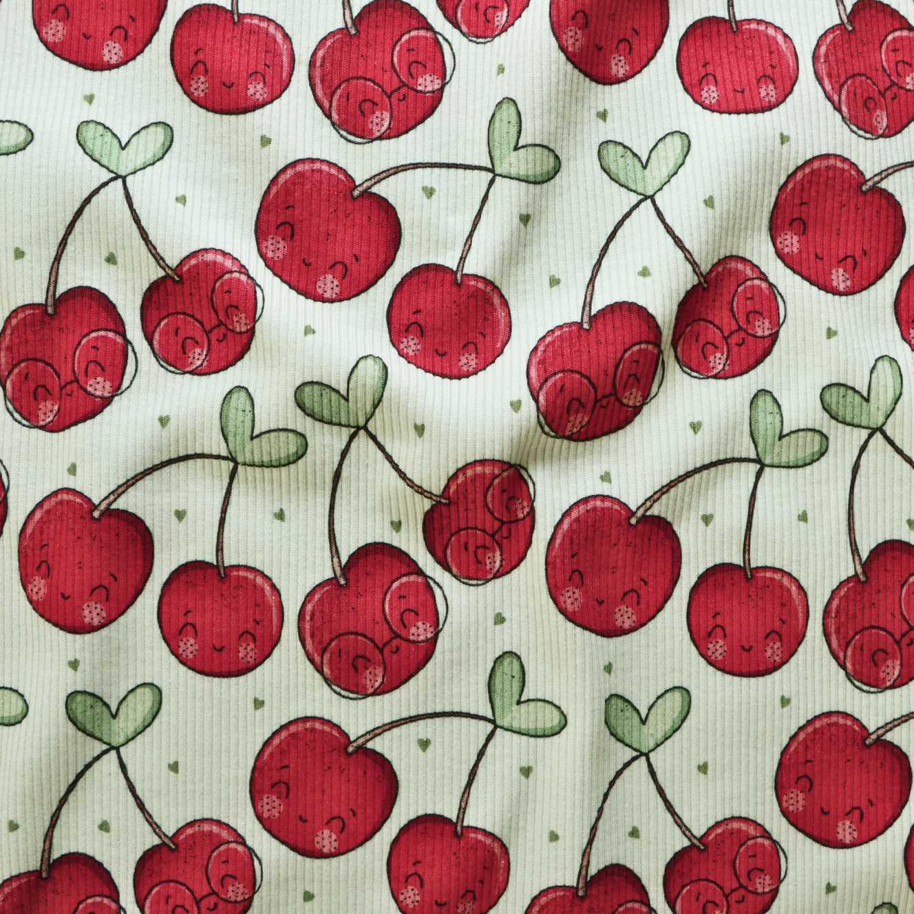 Eigenproduktion Ripp-Jersey Kirschen Katzengold-Design - Hellgrün