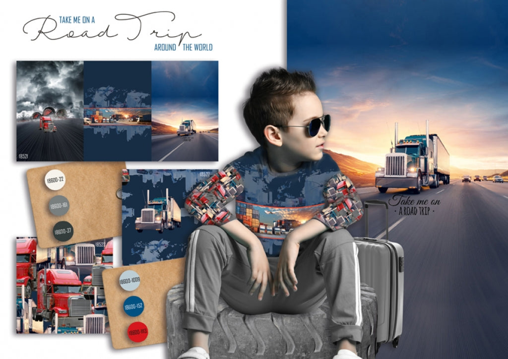 French Terry Digitaldruck Take me on A ROAD TRIP Stenzo - LKW - rot