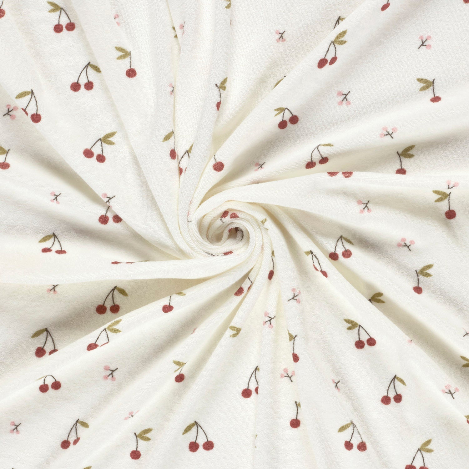 🍒 Frottee Stretch Stoff - Kirschen - Wollweiß