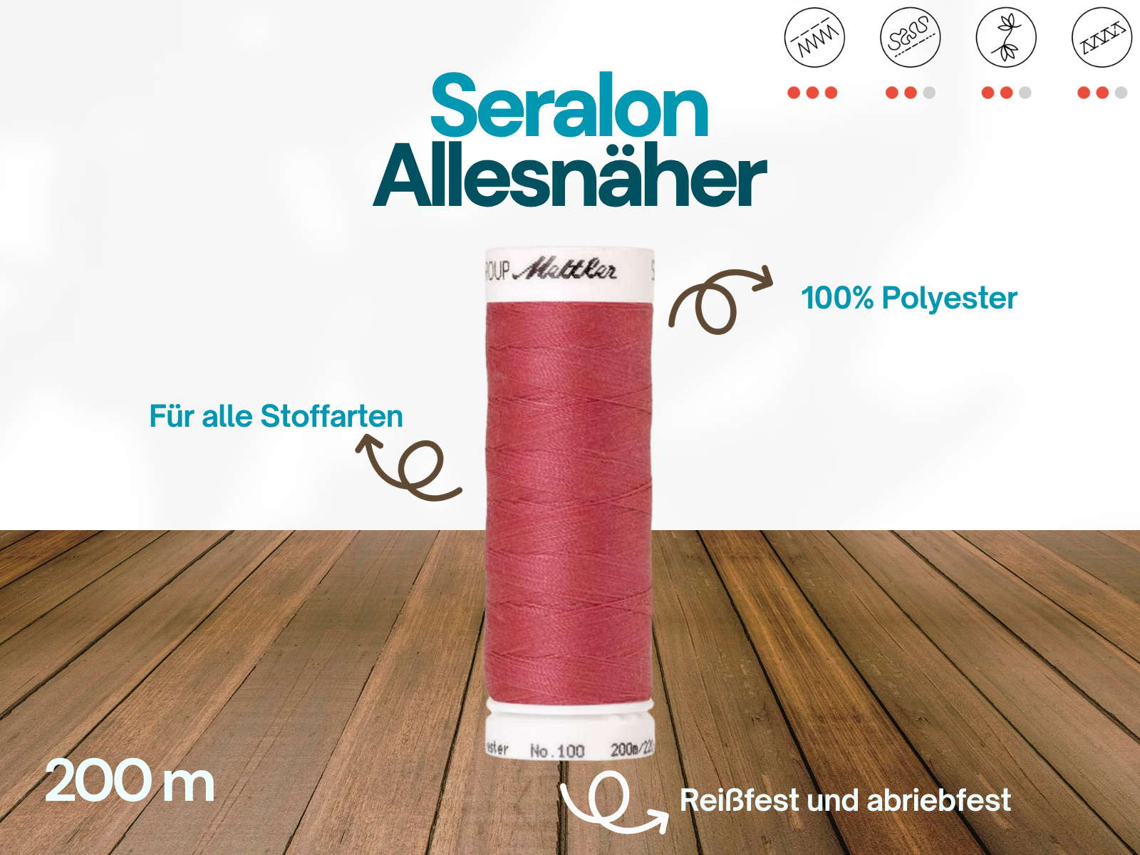 🧵 SERALON® - Allesnähergarn - 200 m • Beige – Rot – Bordeaux - Nähgarn