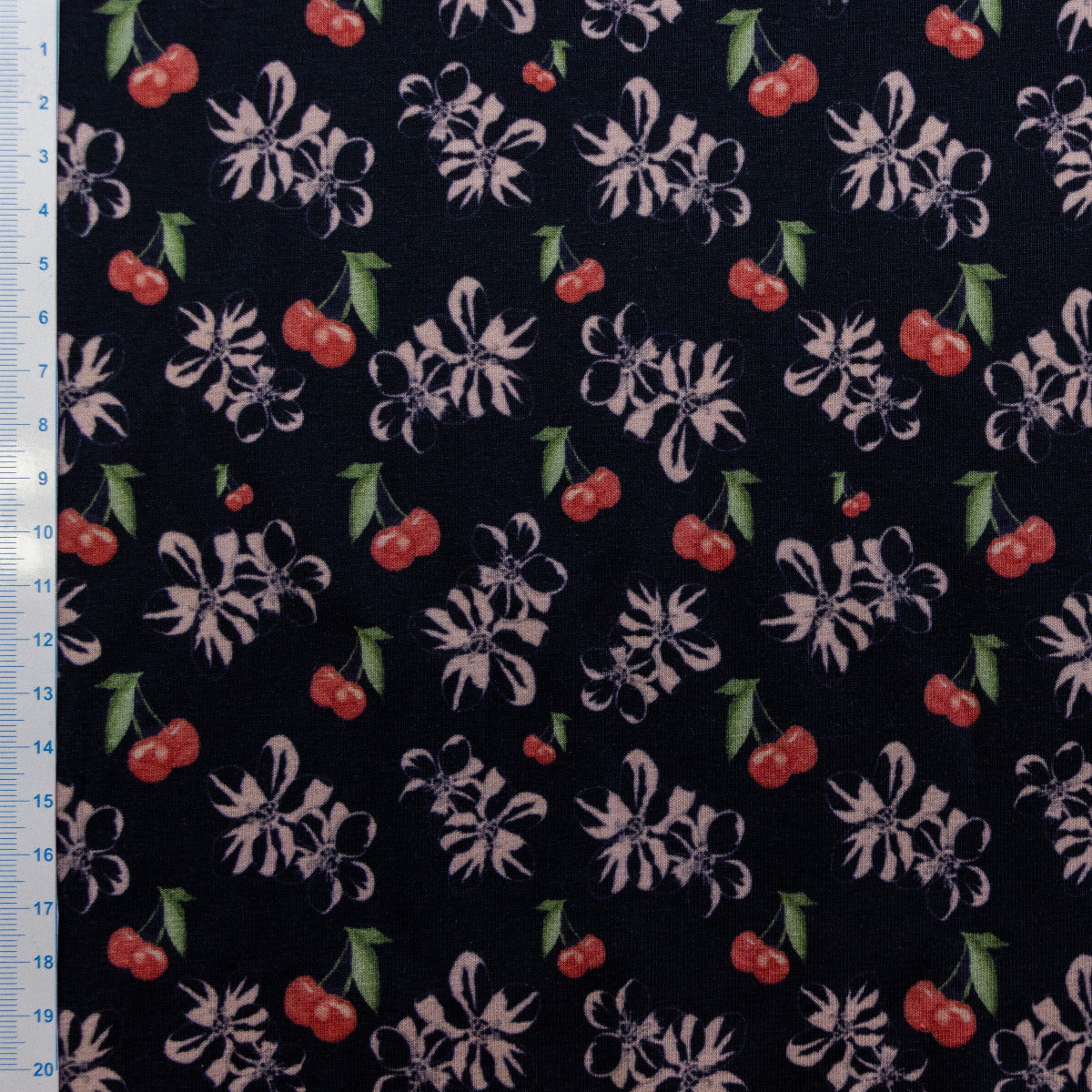 Jersey - Kirschen und Blüten - marineblau