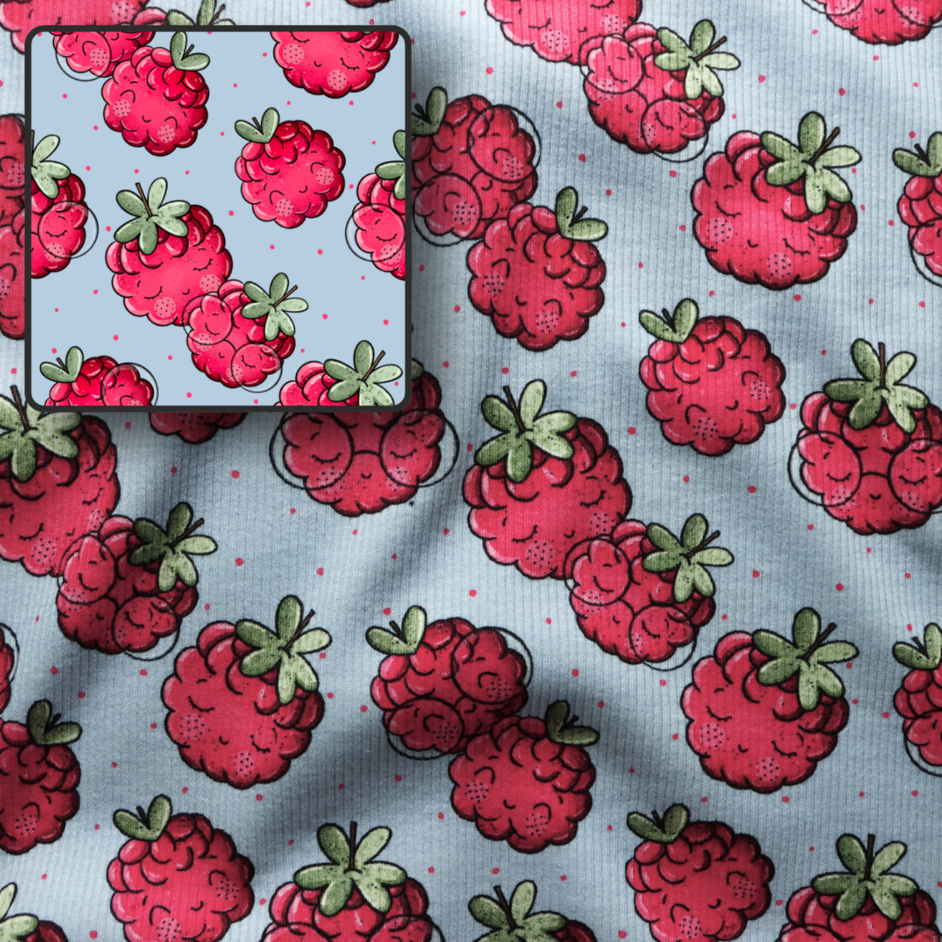 Eigenproduktion Ripp-Jersey Himbeeren Katzengold-Design - Blau