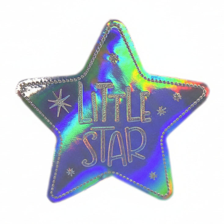 Jessy Sewing Kunstleder-Label Hologramm mit aufgedruckter Nähnaht - "Little Star" - silberfarben