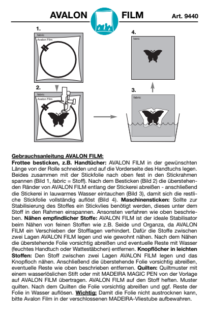 Wasserlösliche Stickfolie Avalon FILM Madeira
