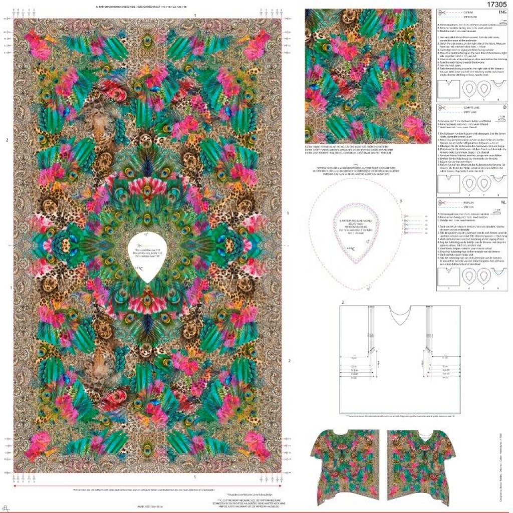Webware Voile Kaftan für Kinder Digitaldruck Stenzo PANEL ca. 150 x 150 cm - Pfauenfedern und Tiger - grün
