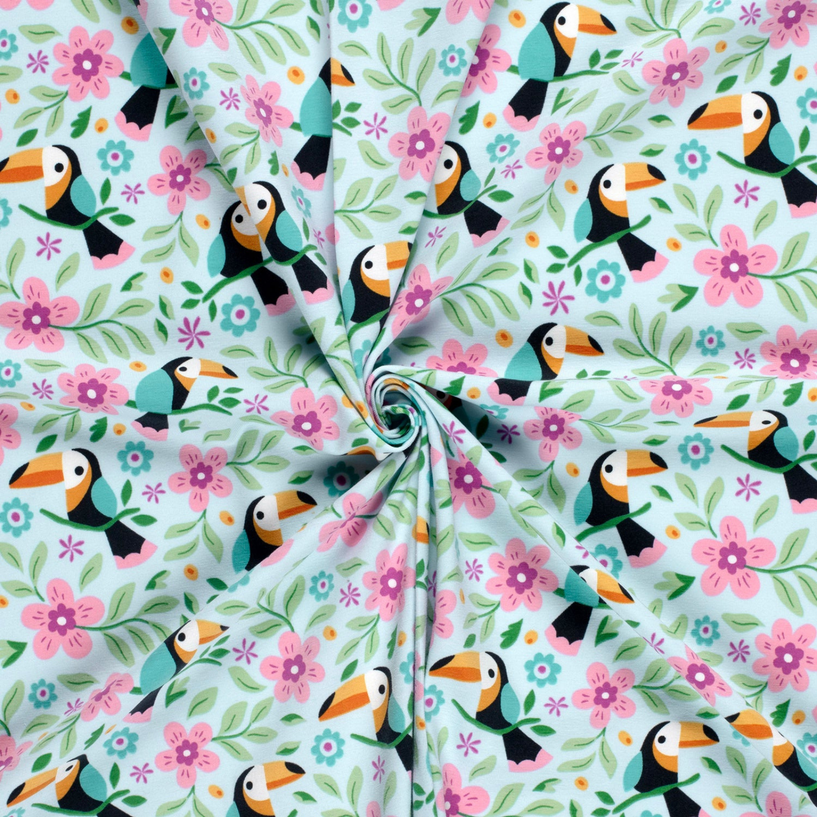 🦜Baumwolle Jersey Stoff Digitaldruck - Tukane & Blümchen