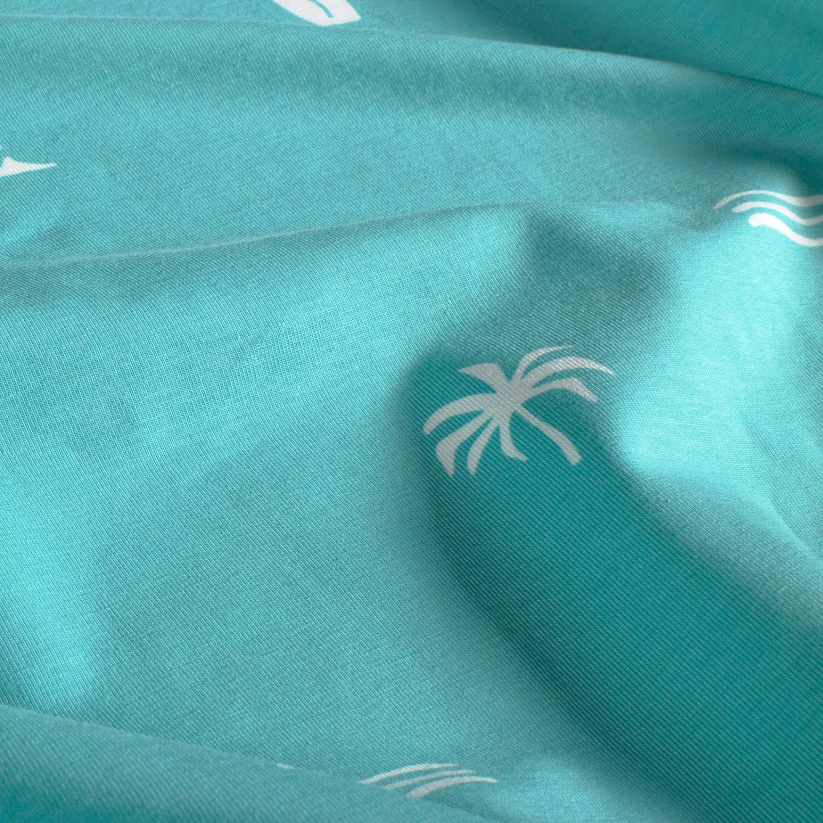 🌴Baumwolle Jersey Stoff Digitaldruck - Strand und Palmen - türkis