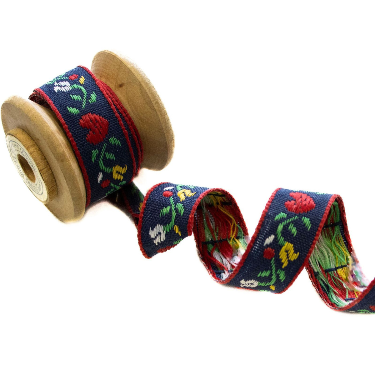 Webband ca. 14 mm - Blumen und Herzen - dunkelblau