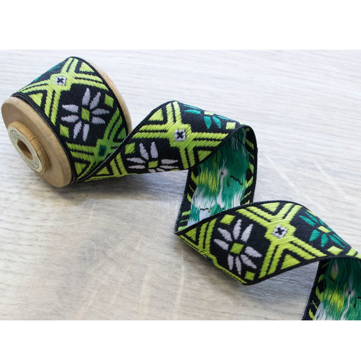 Webband ca. 25 mm - Boho - schwarz - grün