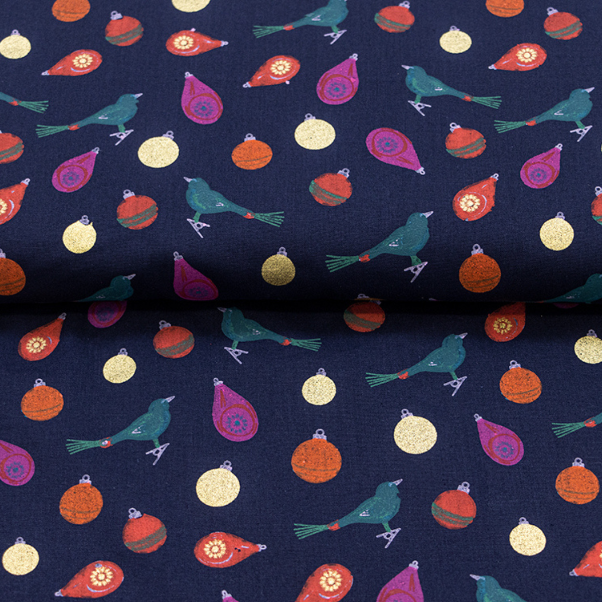 Webware Baumwolle Popeline mit Foliendruck - buntbemalte Weihnachtskugeln - marineblau