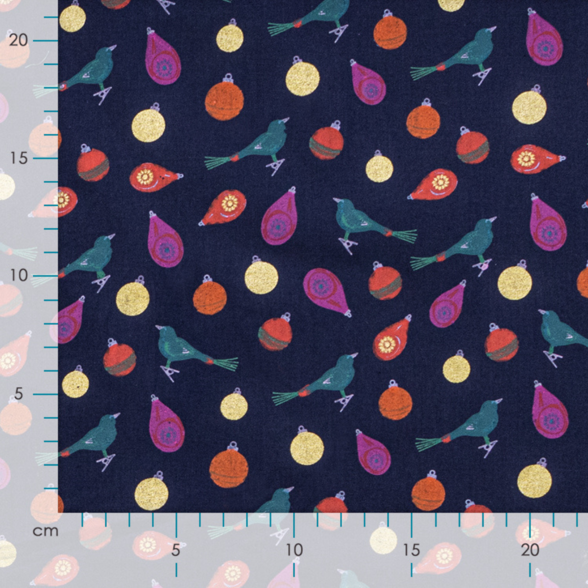 Webware Baumwolle Popeline mit Foliendruck - buntbemalte Weihnachtskugeln - marineblau