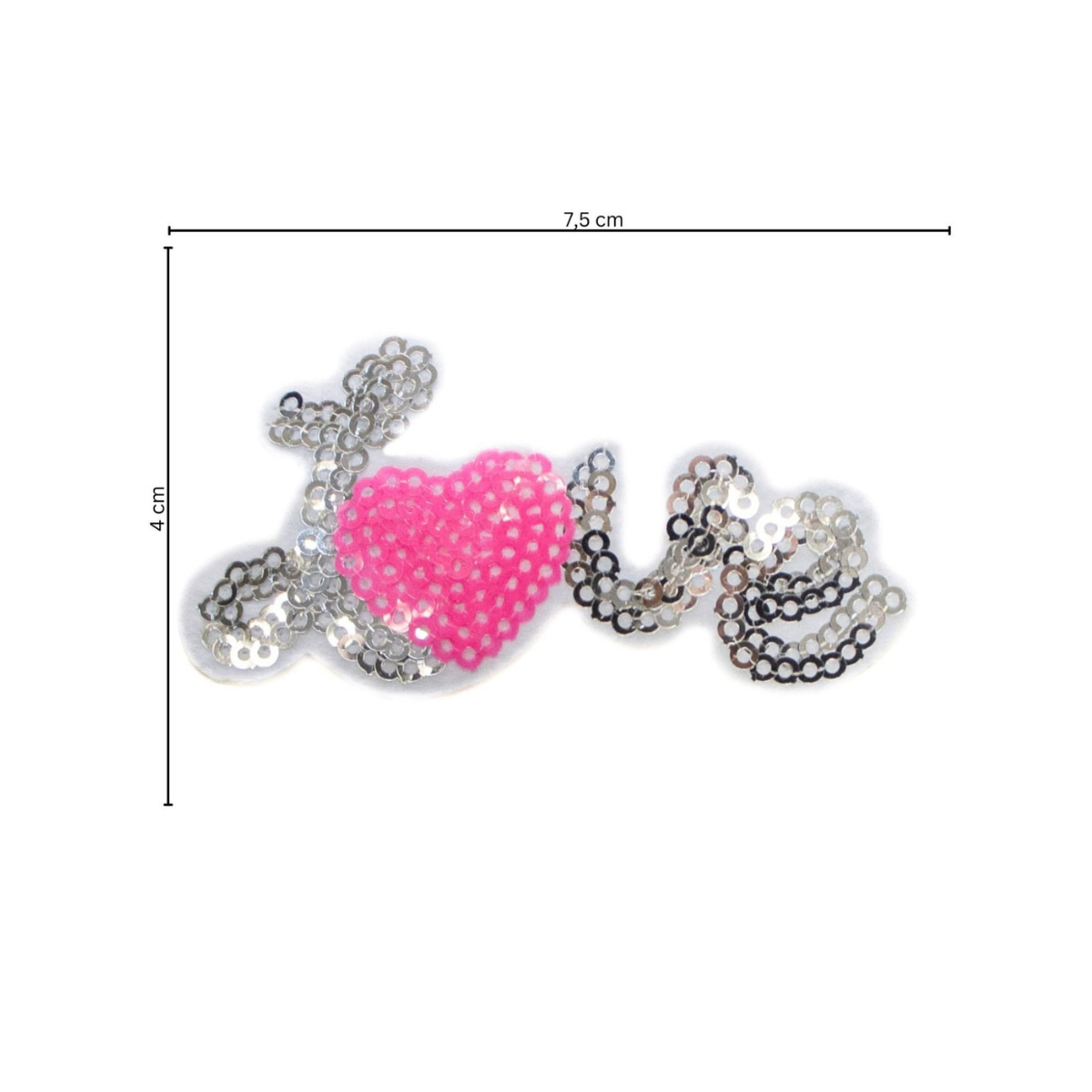 Stick-Applikation zum Aufbügeln ca 7,5 cm x 4,0 cm - Love mit Pailetten - silber