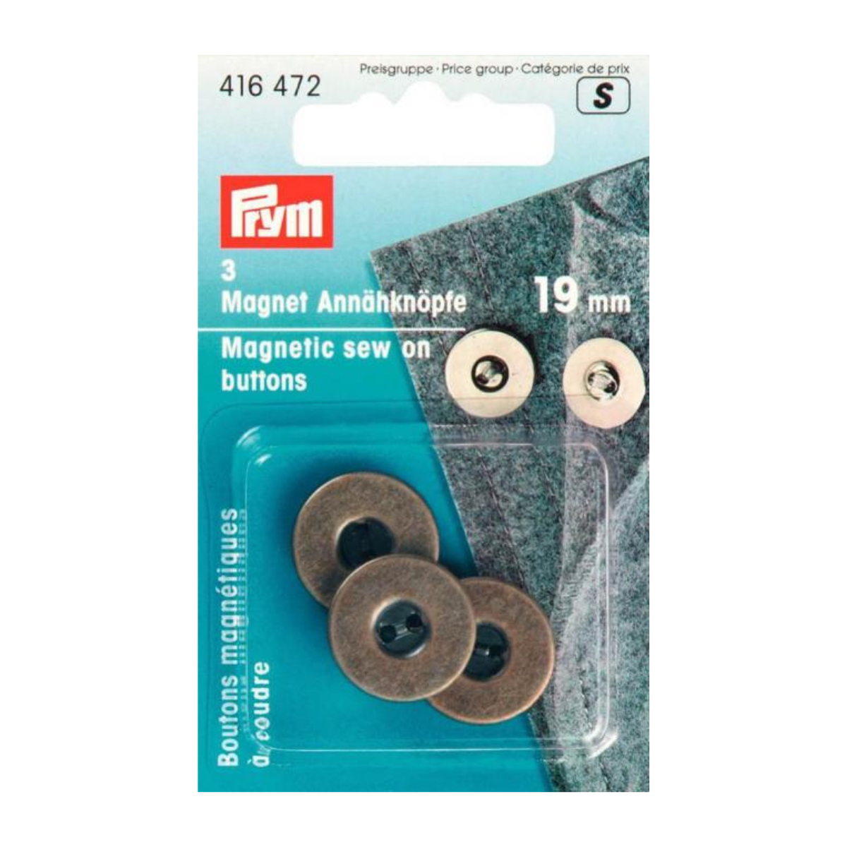 Prym 3 Magnet-Annähknöpfe 19 mm - altgoldfarben