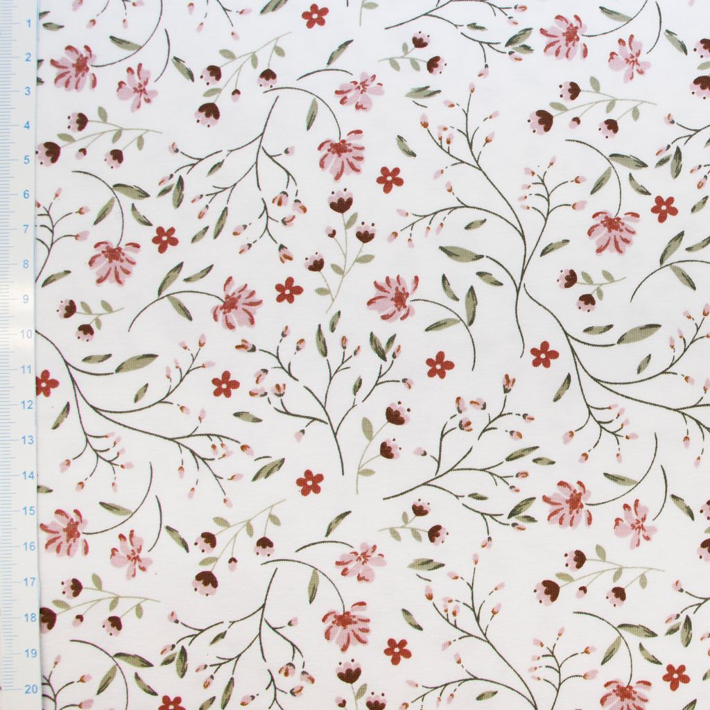 🌸Baumwolle Jersey Stoff Digitaldruck - Rosa Blumen - Wollweiß