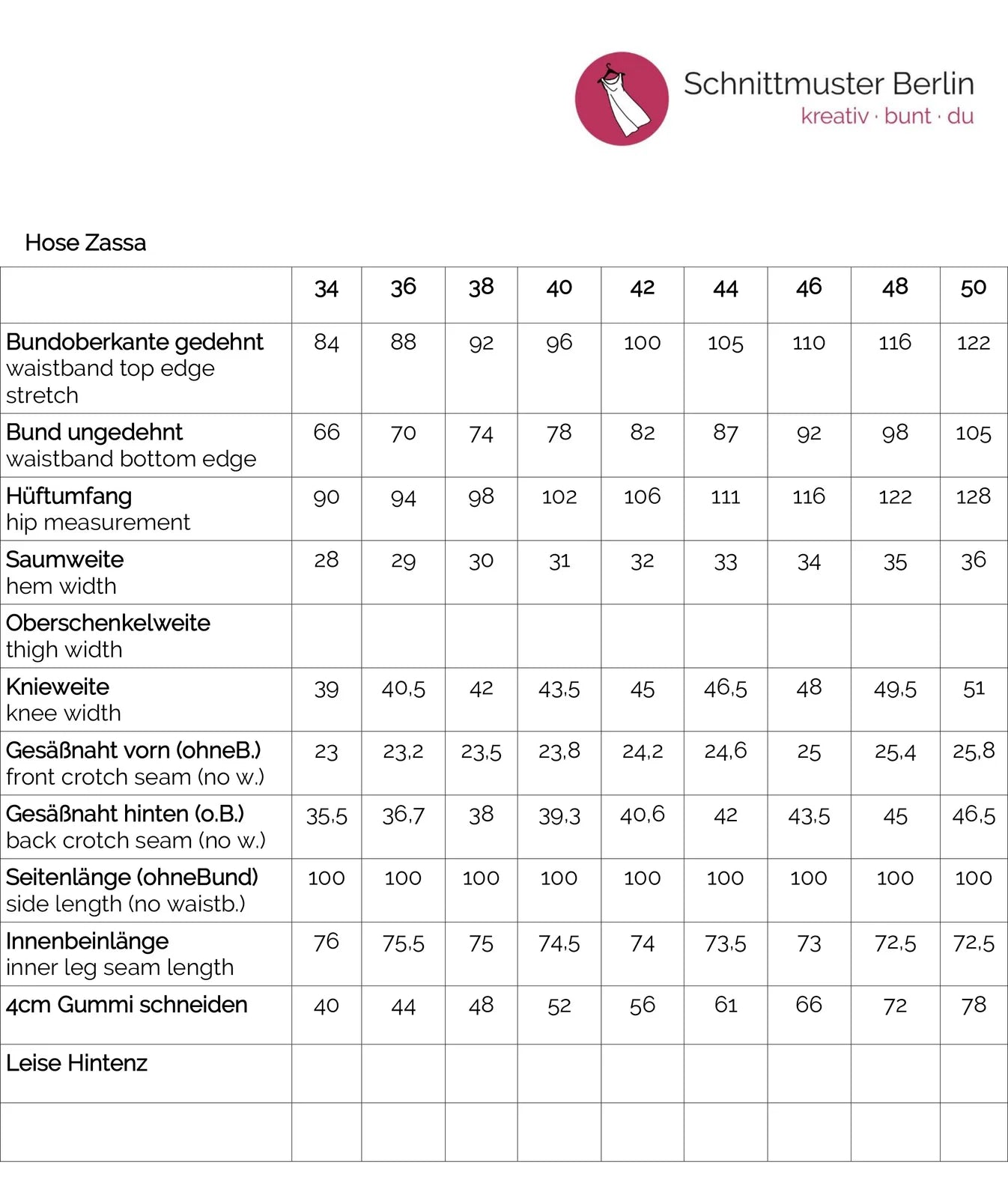 Papierschnittmuster Hose Zassa