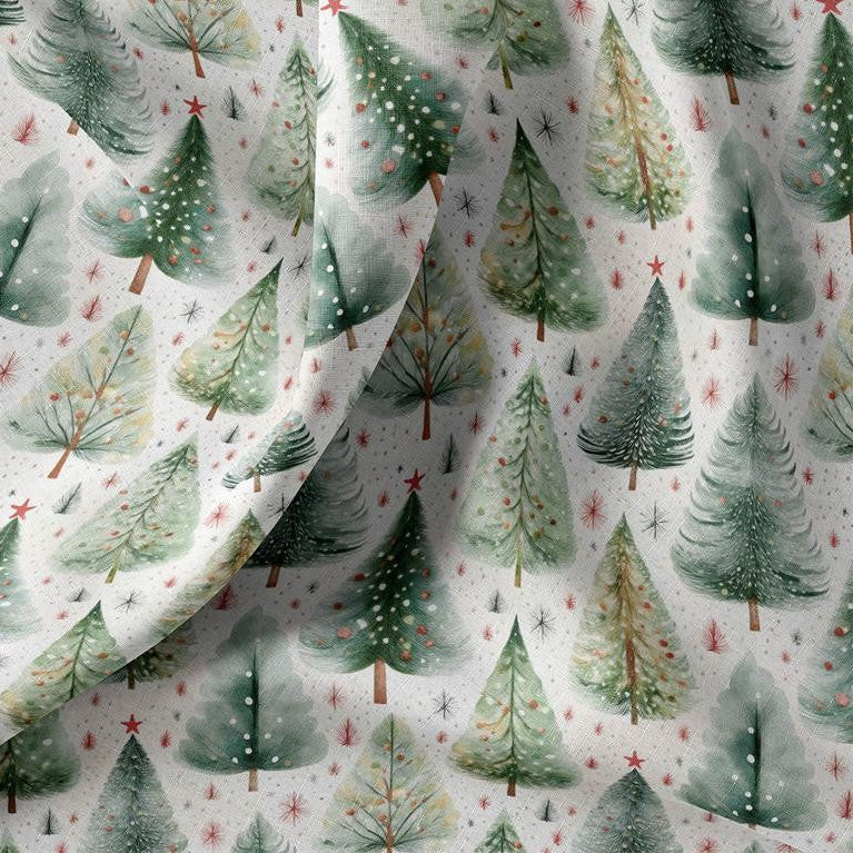 🌲 Baumwolle Webware Stoff - „Winterwald“ – Weihnachtsbäume in Grün & Creme