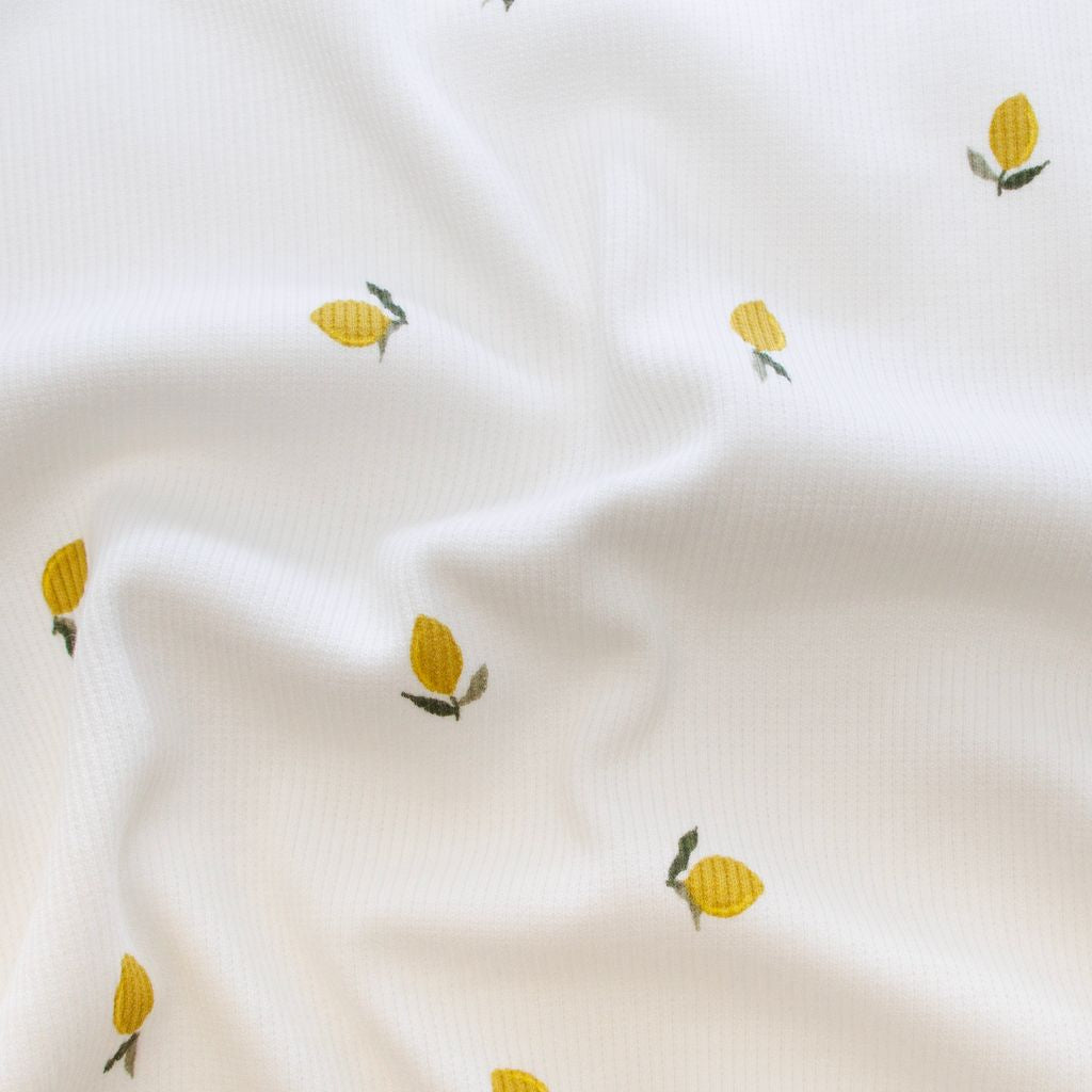 🍋Ripp-Jersey Stoff Digitaldruck - kleine Zitrone - wollweiß