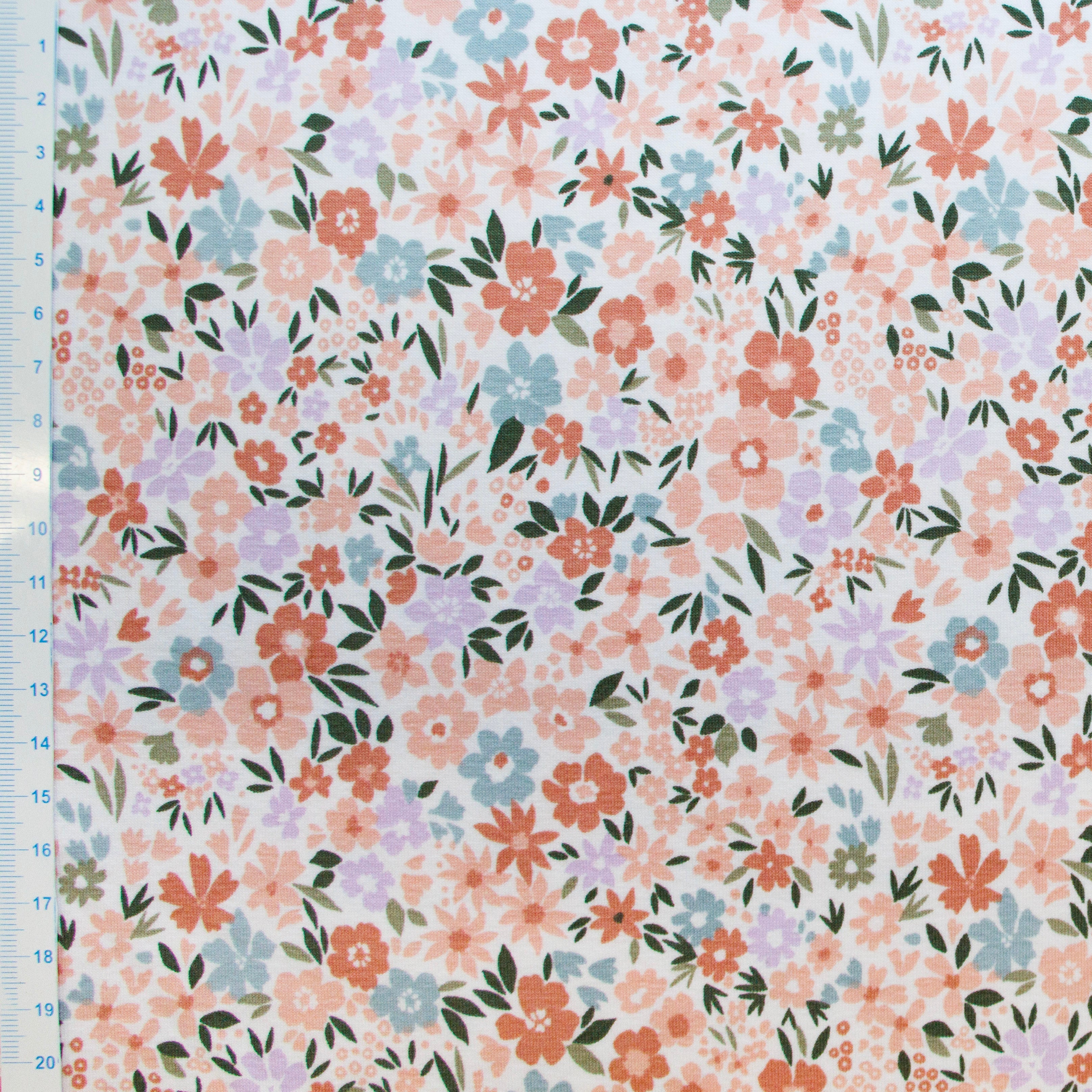 🌸Baumwolle Jersey Stoff Digitaldruck - Bunte Blumen - Wollweiß