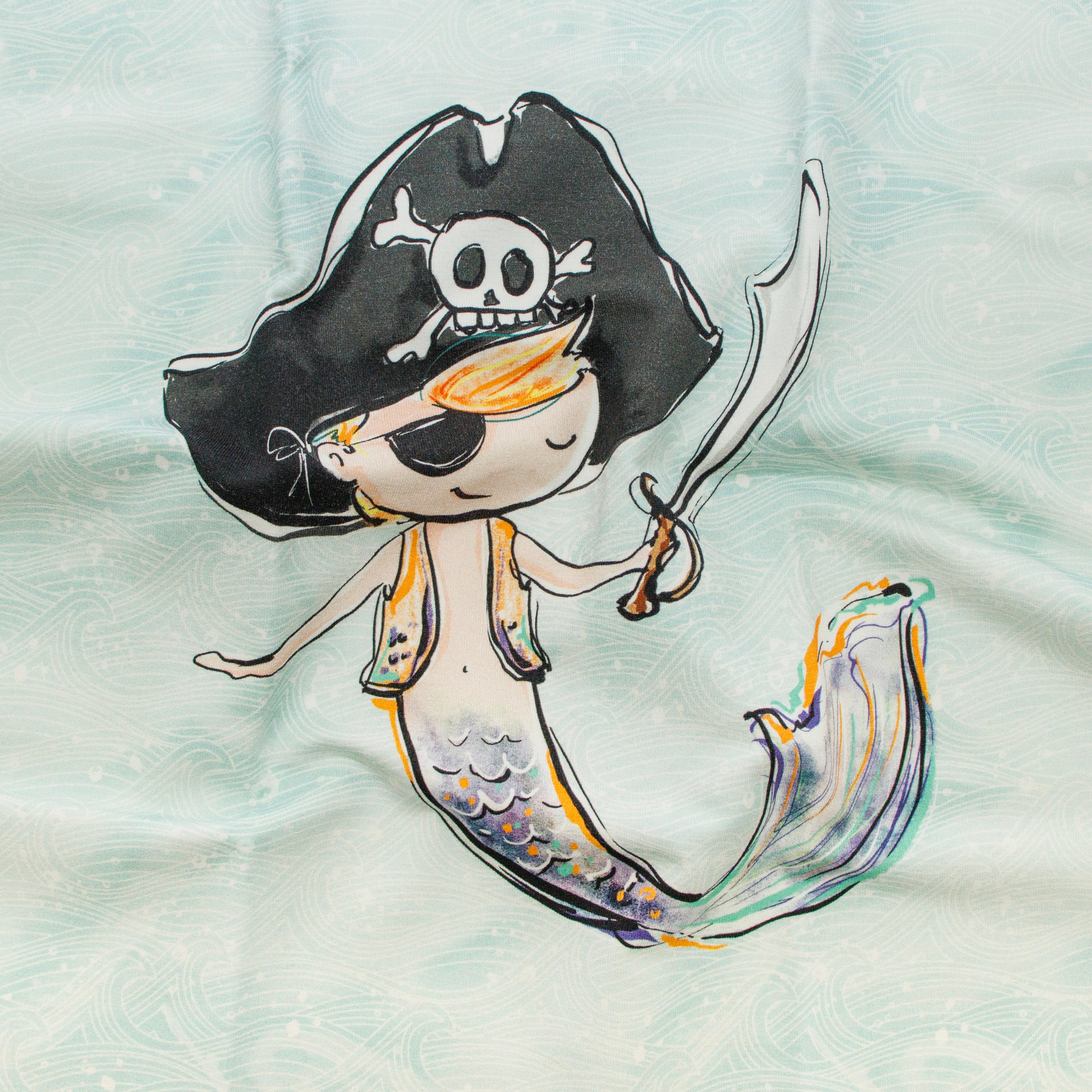 Sweat French Terry PANEL ca 40 cm x 53 cm - Piratenmeerjungfrau - hellblau