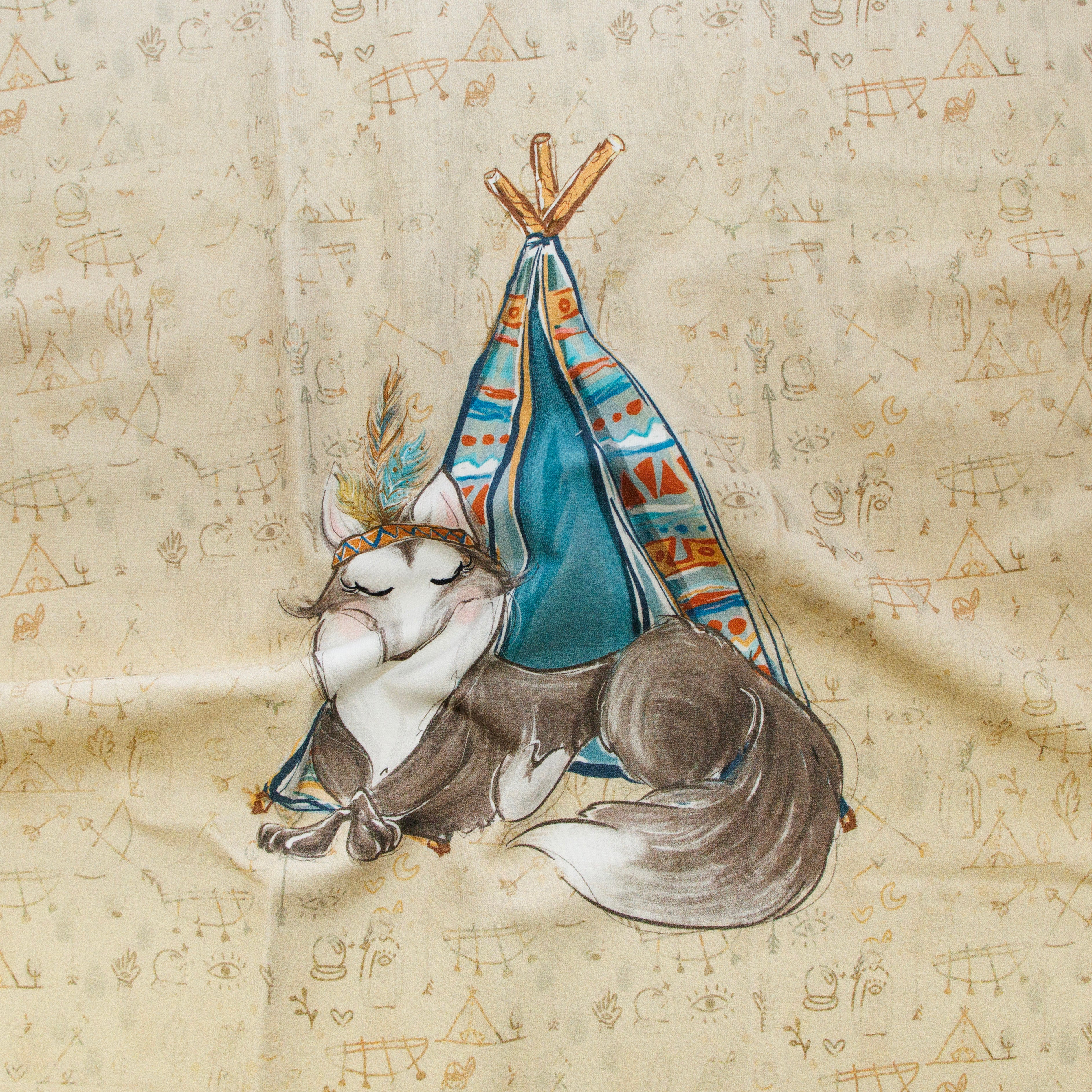 Sweat French Terry PANEL ca 40 cm x 53 cm - Wolf mit Tipi - beige