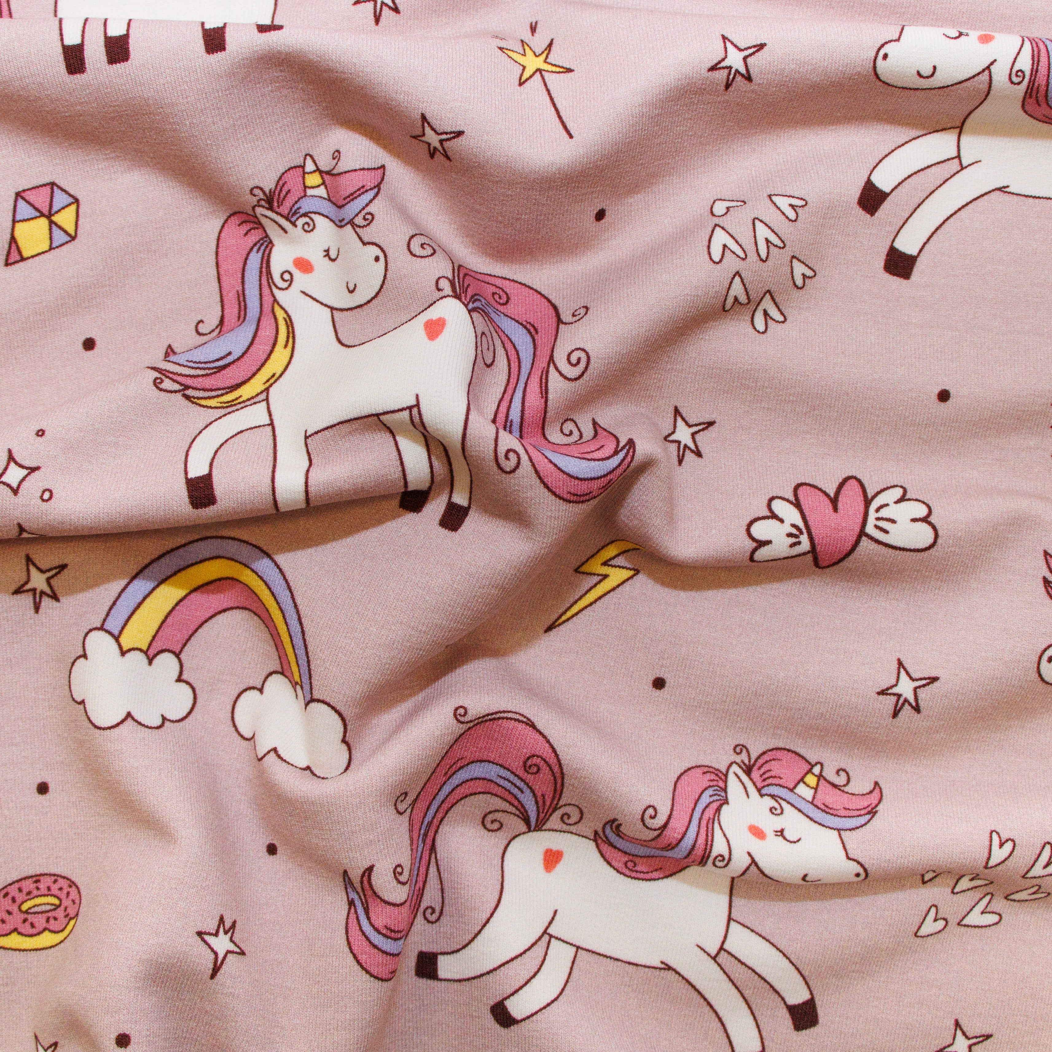 French Terry Digitaldruck - Einhörner - altrosa