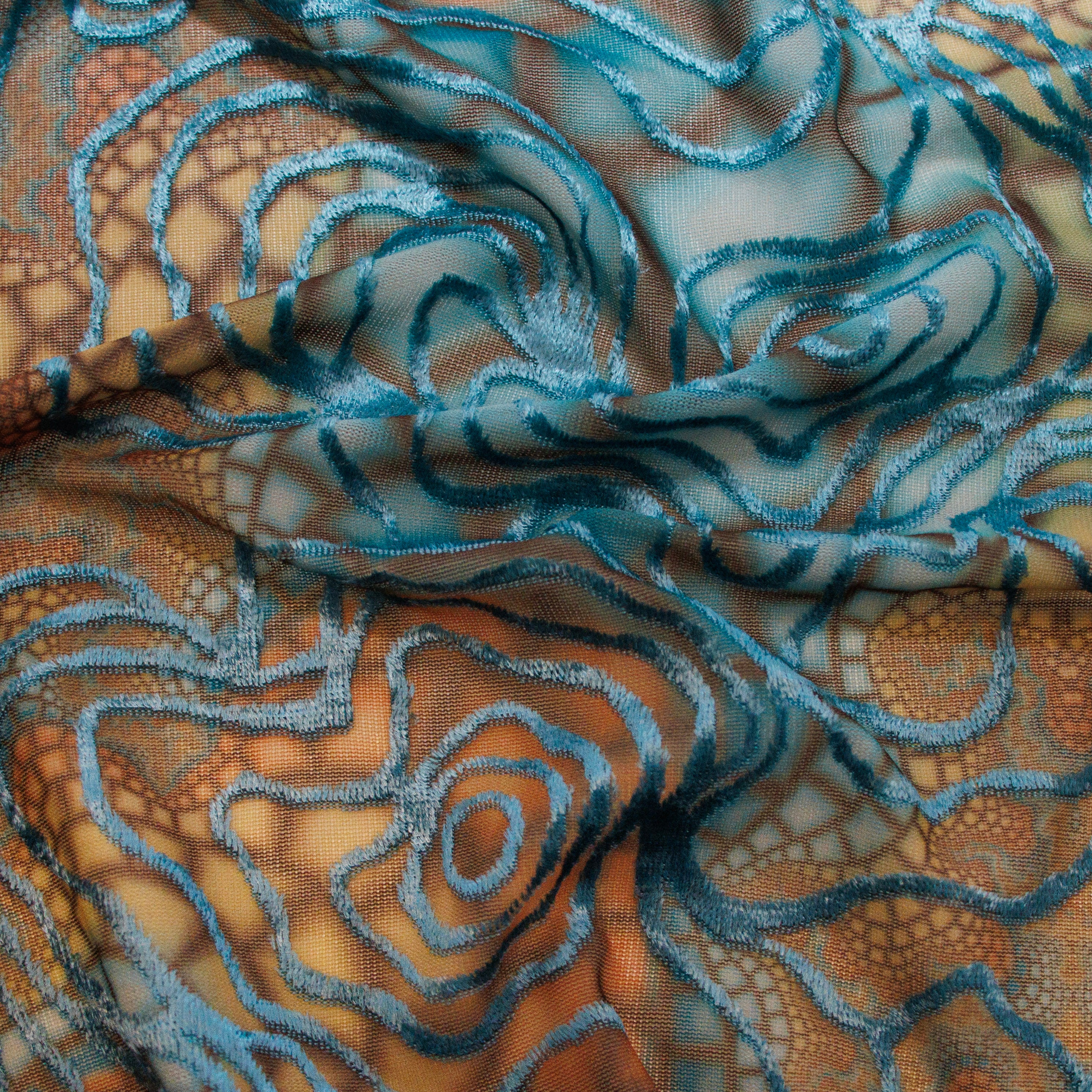 Mesh dehnbar - samtiges Blumenmuster - braun - türkis