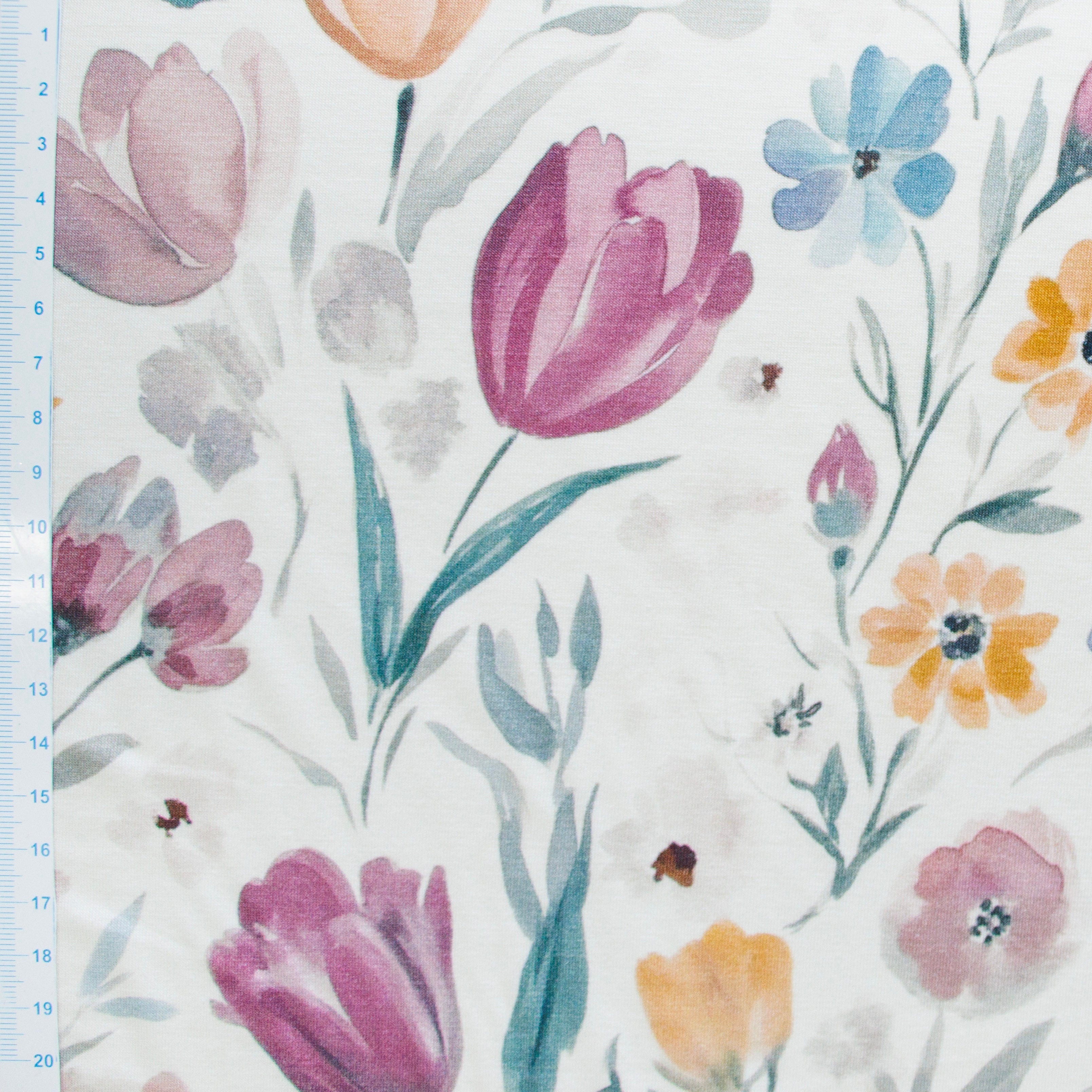 Bambus Jersey Digitaldruck - Blumen - wollweiß - lila