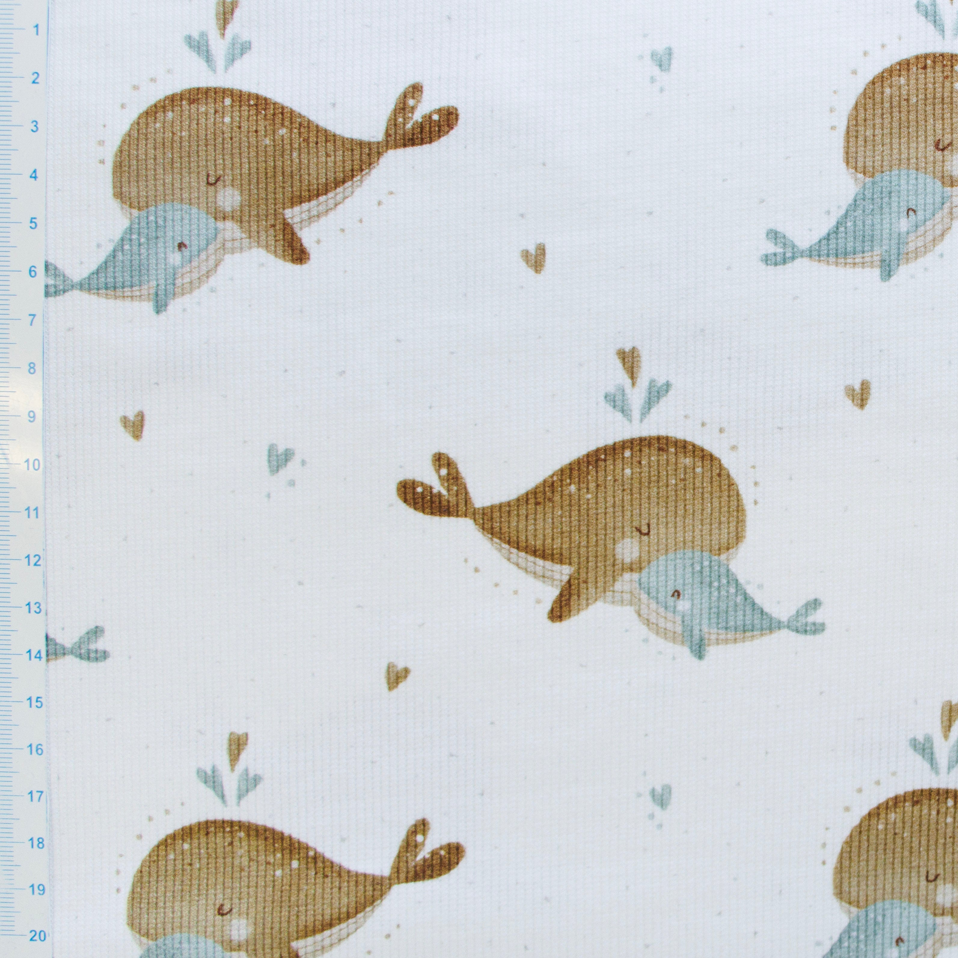 Ripp-Jersey Digitaldruck - Walfamilie - wollweiß