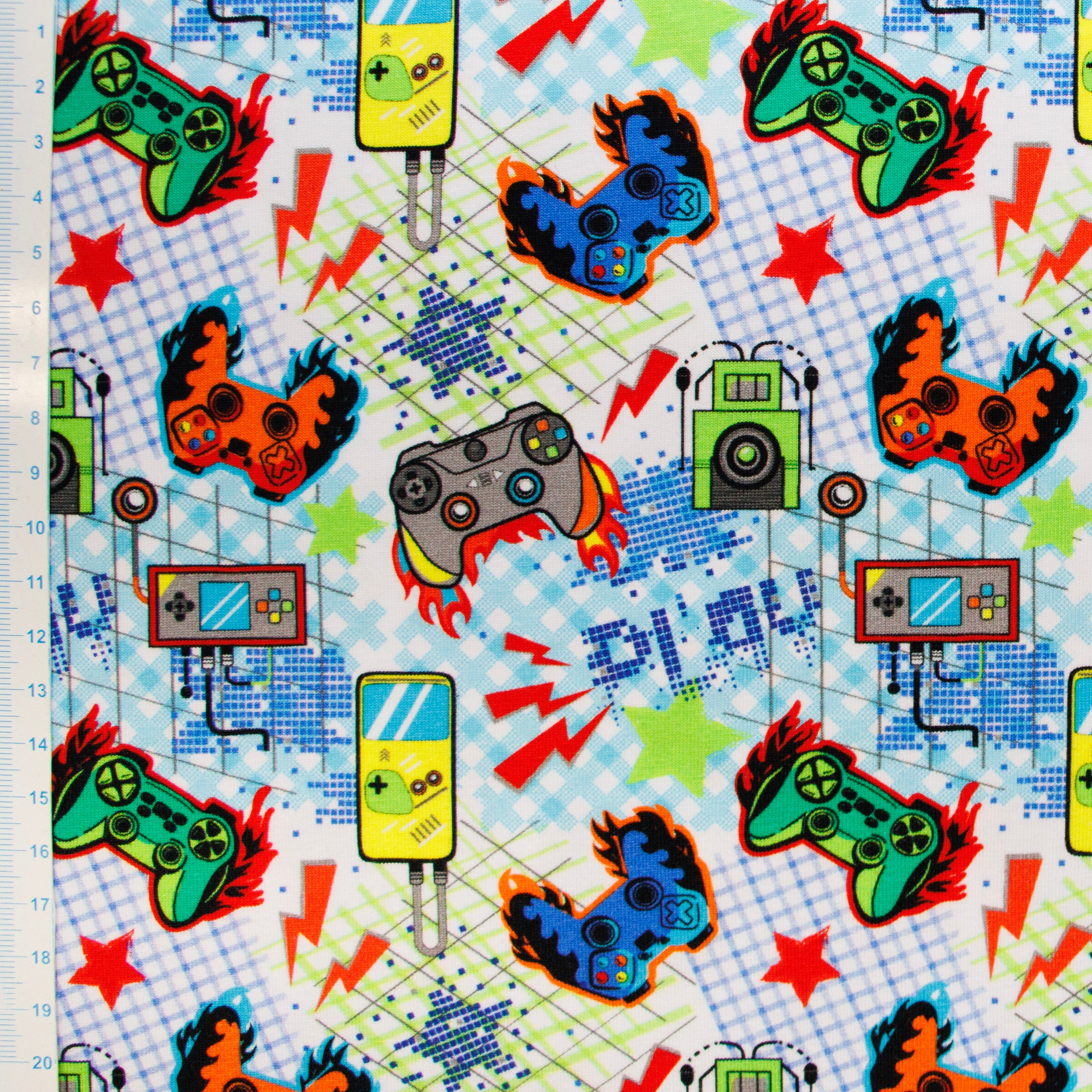 Jersey Baumwolle - Gaming Controller - weiß - blau