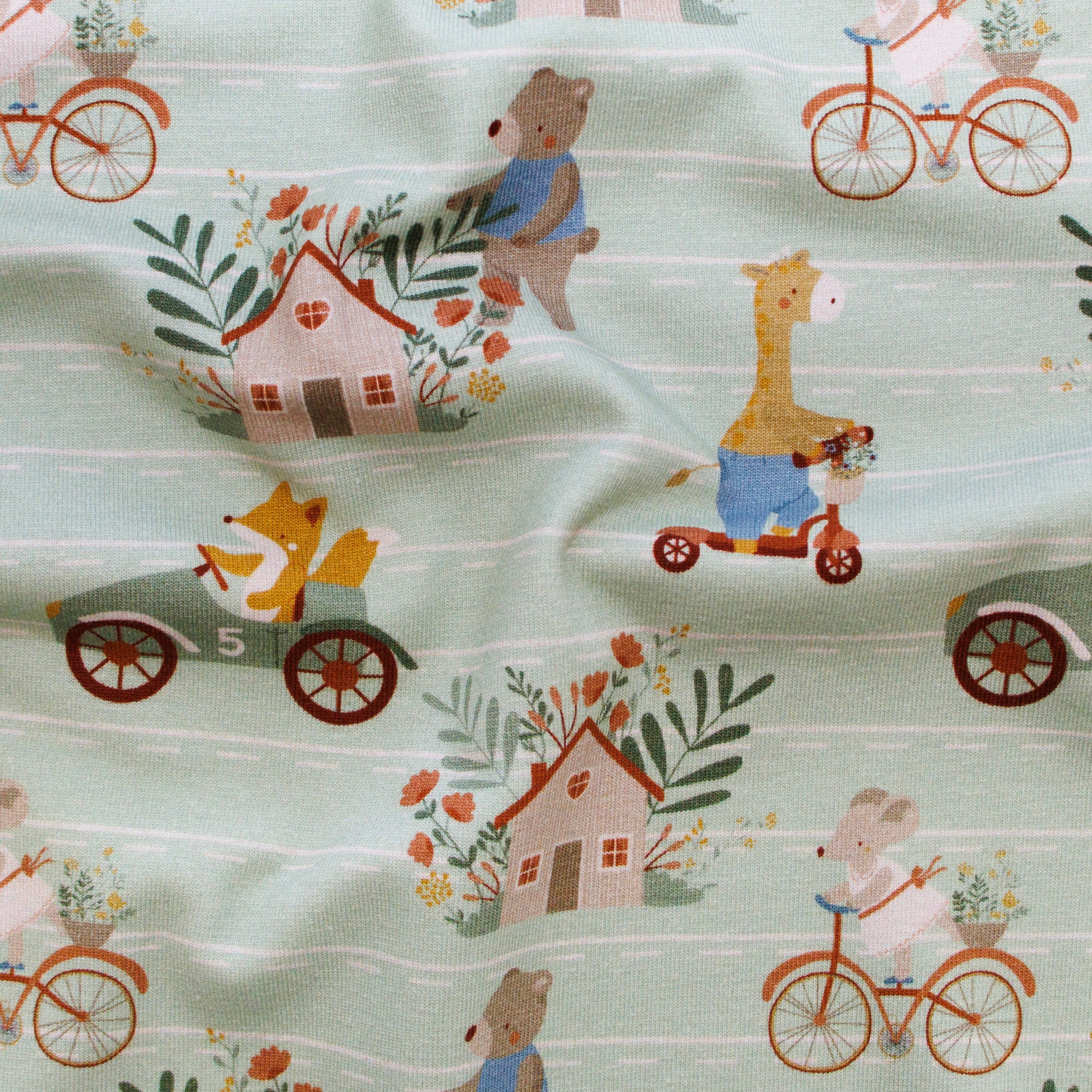 Jersey Baumwolle - Tiere auf Tour - mintgrün