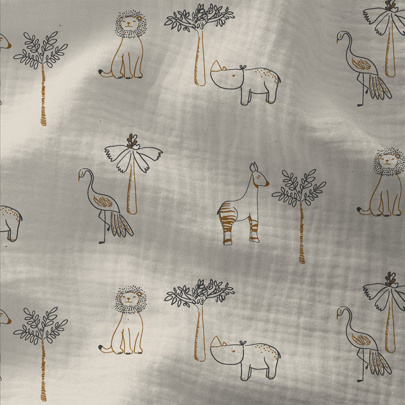 🦁 Musselin „Savanna“ – Löwen, Nashörner & Flamingos in Naturtönen