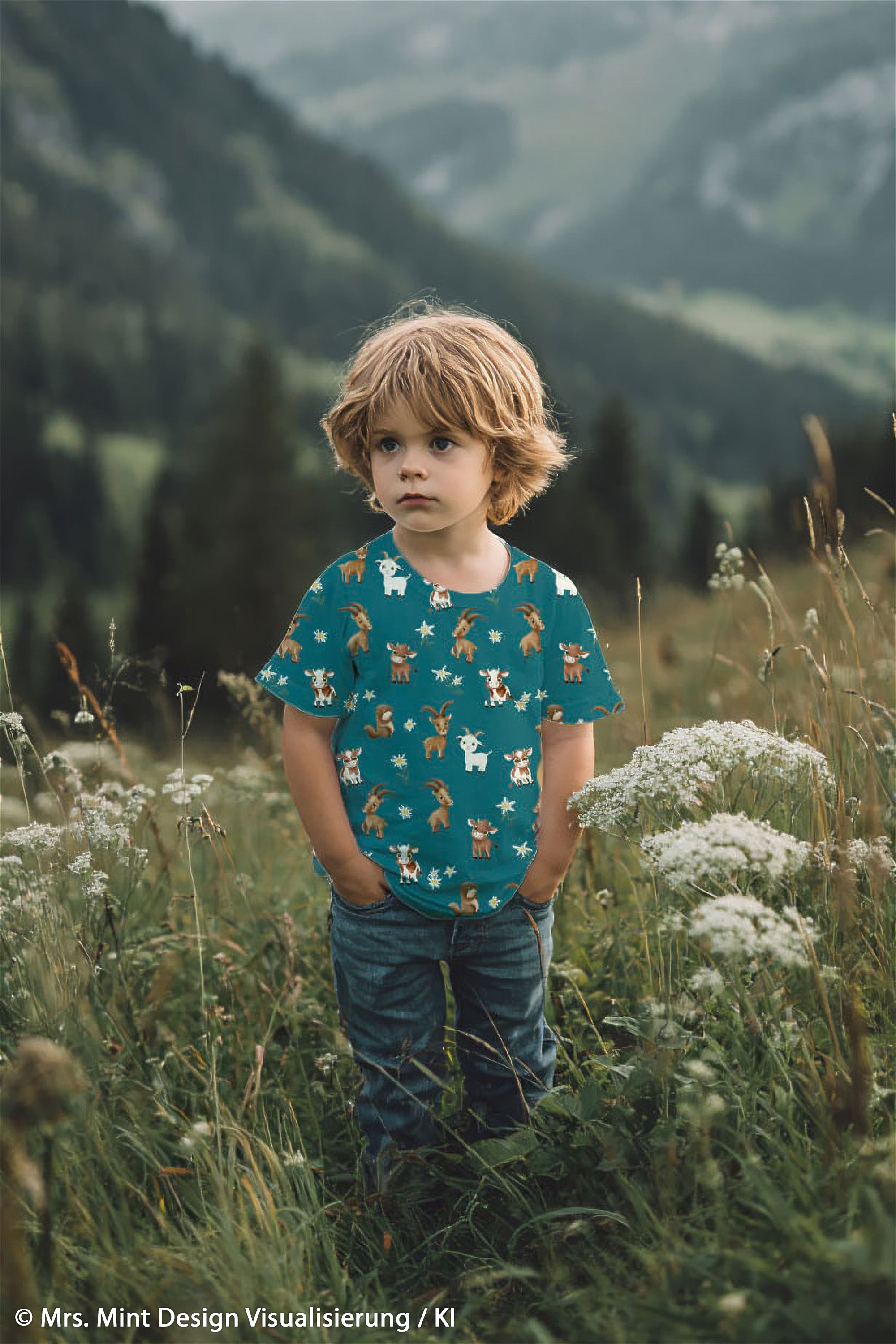 Jersey Swafing Alpenliebe by Mrs Mint Design - Bergziegen - petrol