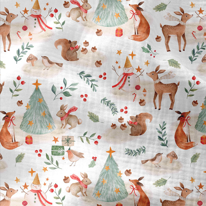 ⛄️ Musselin „Winterwald“ – Rehe, Hasen & Schneemänner mit Weihnachtsbäumen