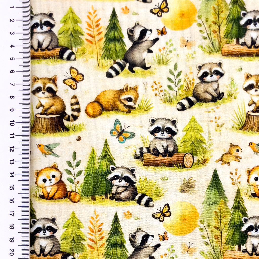 Baumwolle Jersey Digitaldruck Stoff - Niedliche Waldtiere - Helles Grün