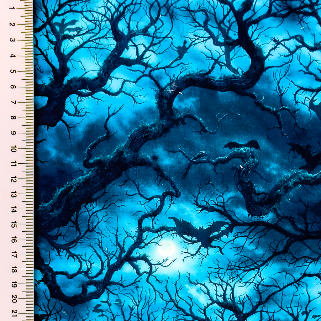 🦇 French Terry Stoff - Nachtwald mit Vollmond & Fledermäusen – Halloween-Design