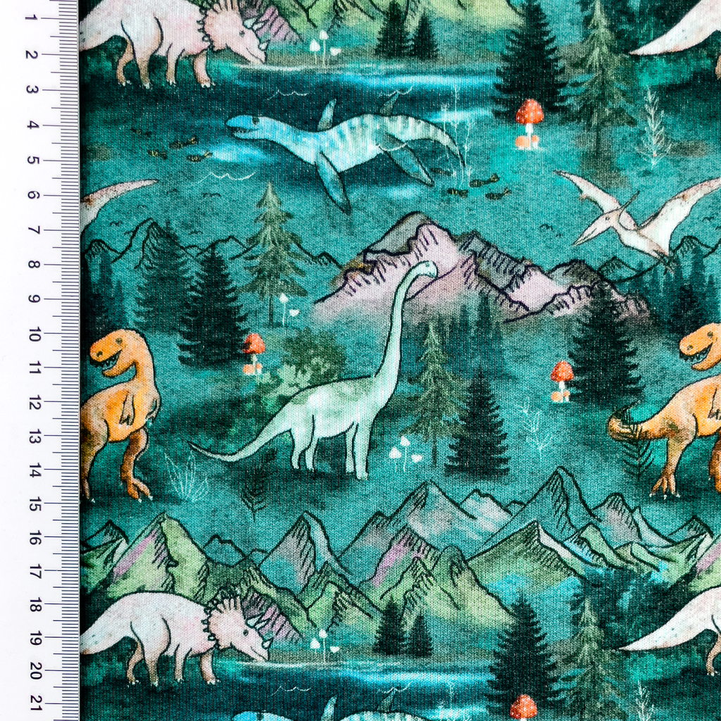 Angerauter Sweat Stoff - Dinosaurier - Türkis