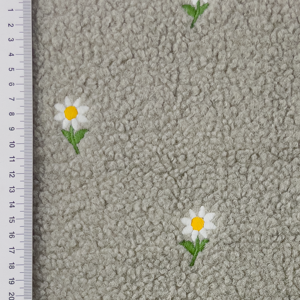 Sherpa Teddy Fleece Stoff - Kleine Blümchen - Grau